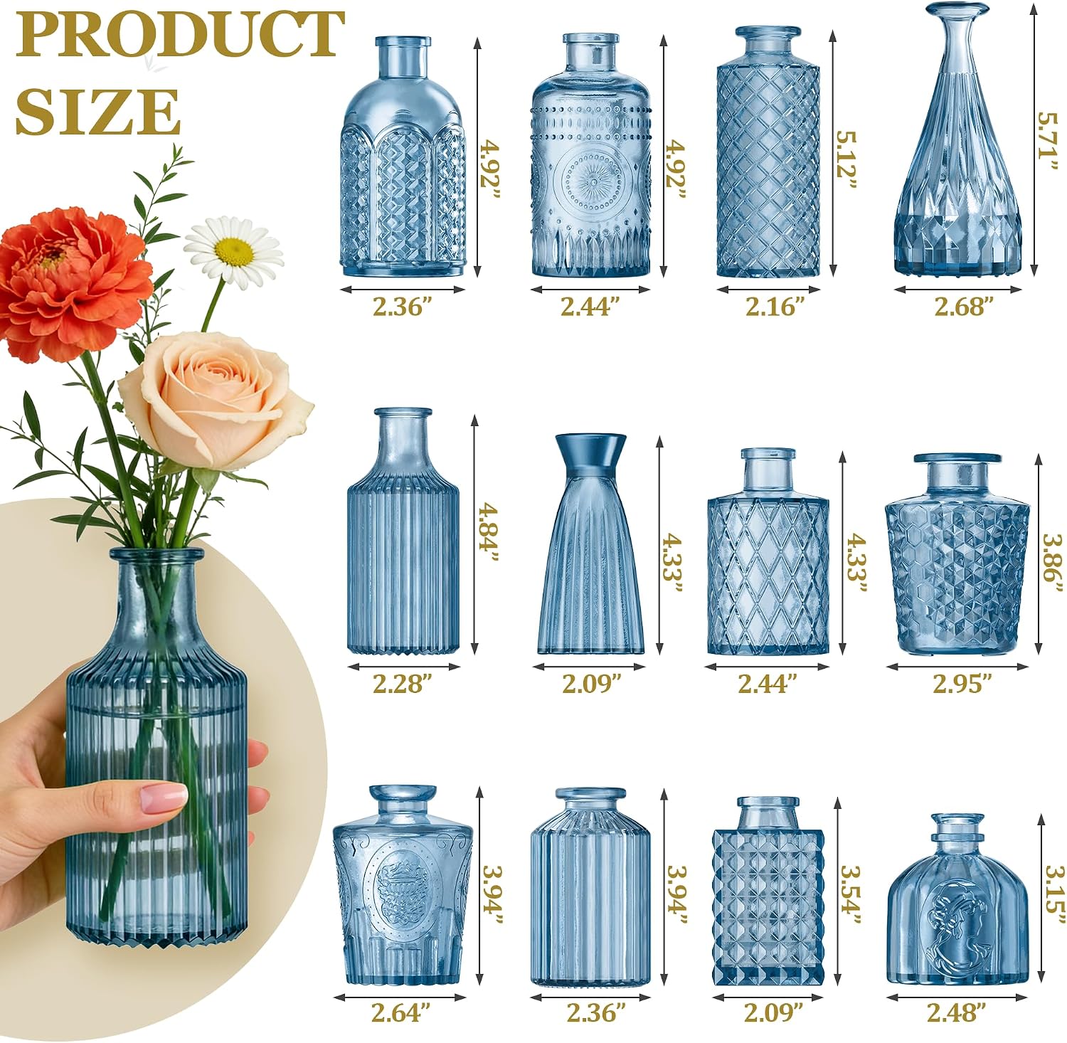 Armber Small Vintage Glass Clear Bud Flower Vases Bulk Multiple Shape Mini Glass / Blue / Set of 12
