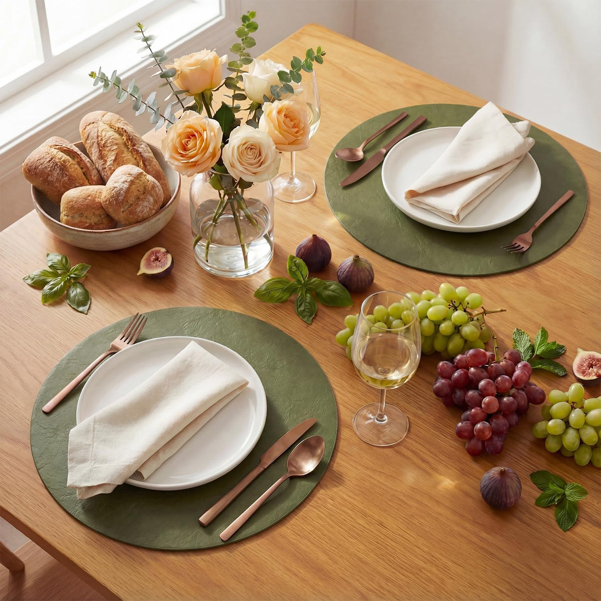 Artoid Mode Olive Green Faux Leather Placemats Set of 12, 15 Inch Waterproof Wipeable Heat Resistant Vinyl Place Mats