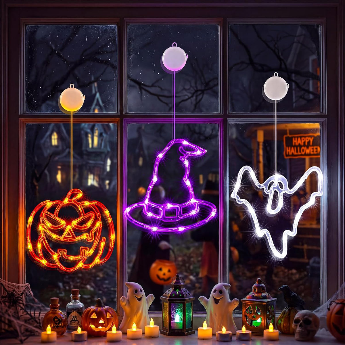 Minetom 3 Pack Halloween Windows Lights - Pumpkin, Ghost, Hat with Timer