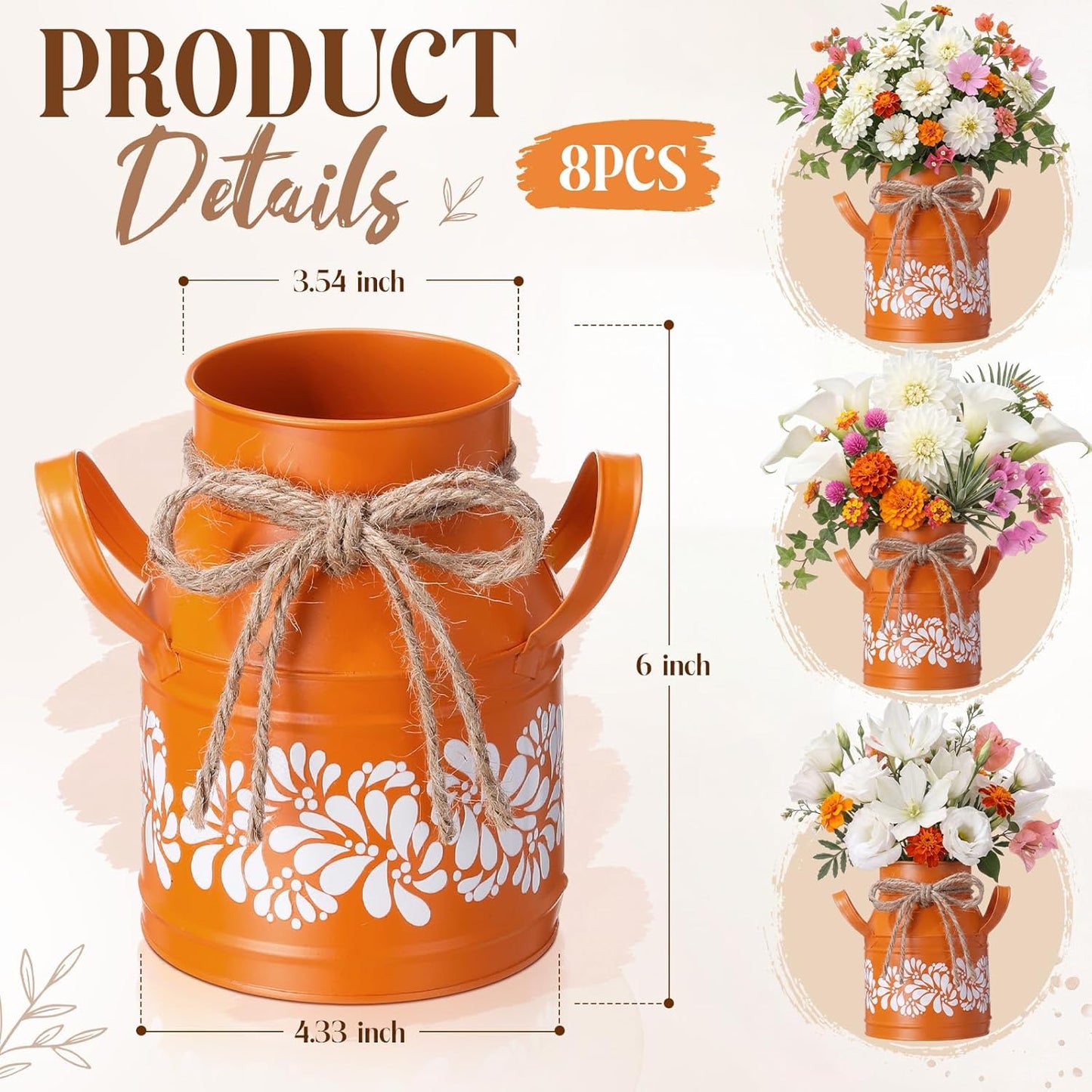 Vintage Metal Galvanized Vases Talavera Milk Jug Terracotta Farmhouse Vase / 6 Inch / Set of 8