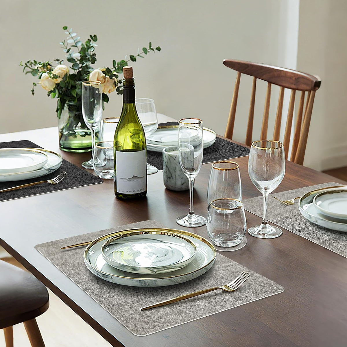 Fyvva Placemats Set of 6 Wipeable Reversible Faux Leather with Coasters | Waterproof, Non-Slip Rectangular Table Mats