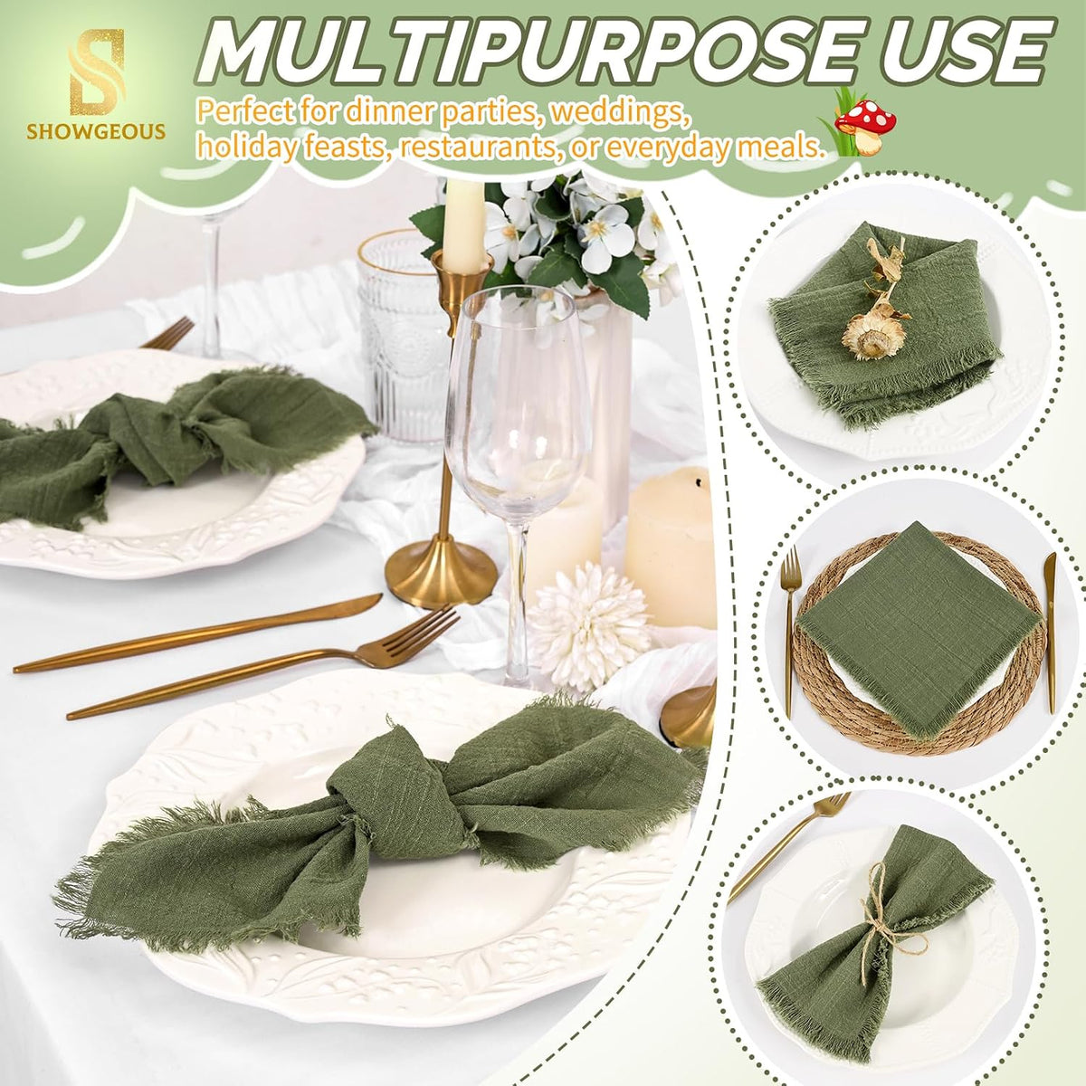 Showgeous 60 Pack Olive Green Cloth Napkins with Fringe, 16x16 inch | 100% Cotton Green Napkins Handmade Dinner Napkins