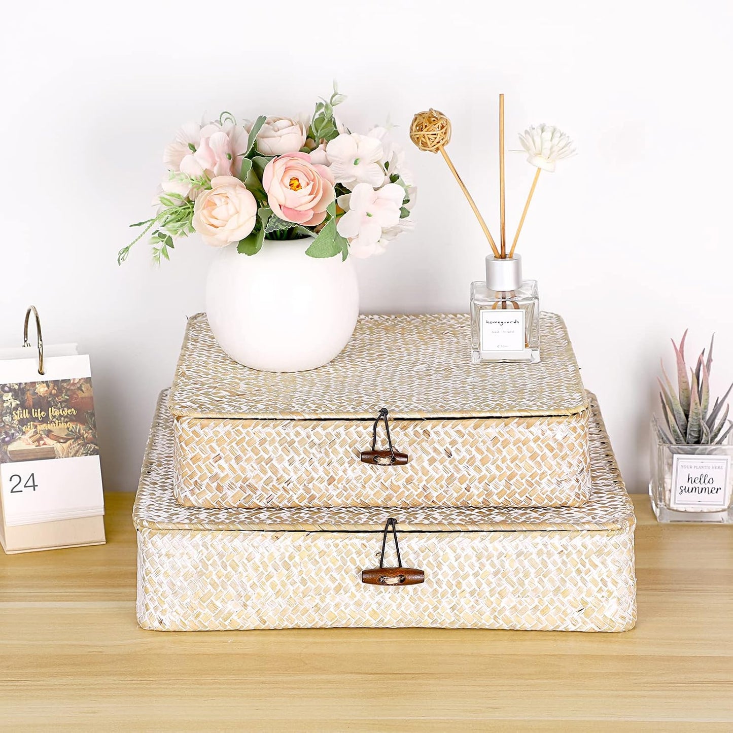 Flat Woven Wicker Storage Bins / Small+large / Whitewash / Natural / Set of 2