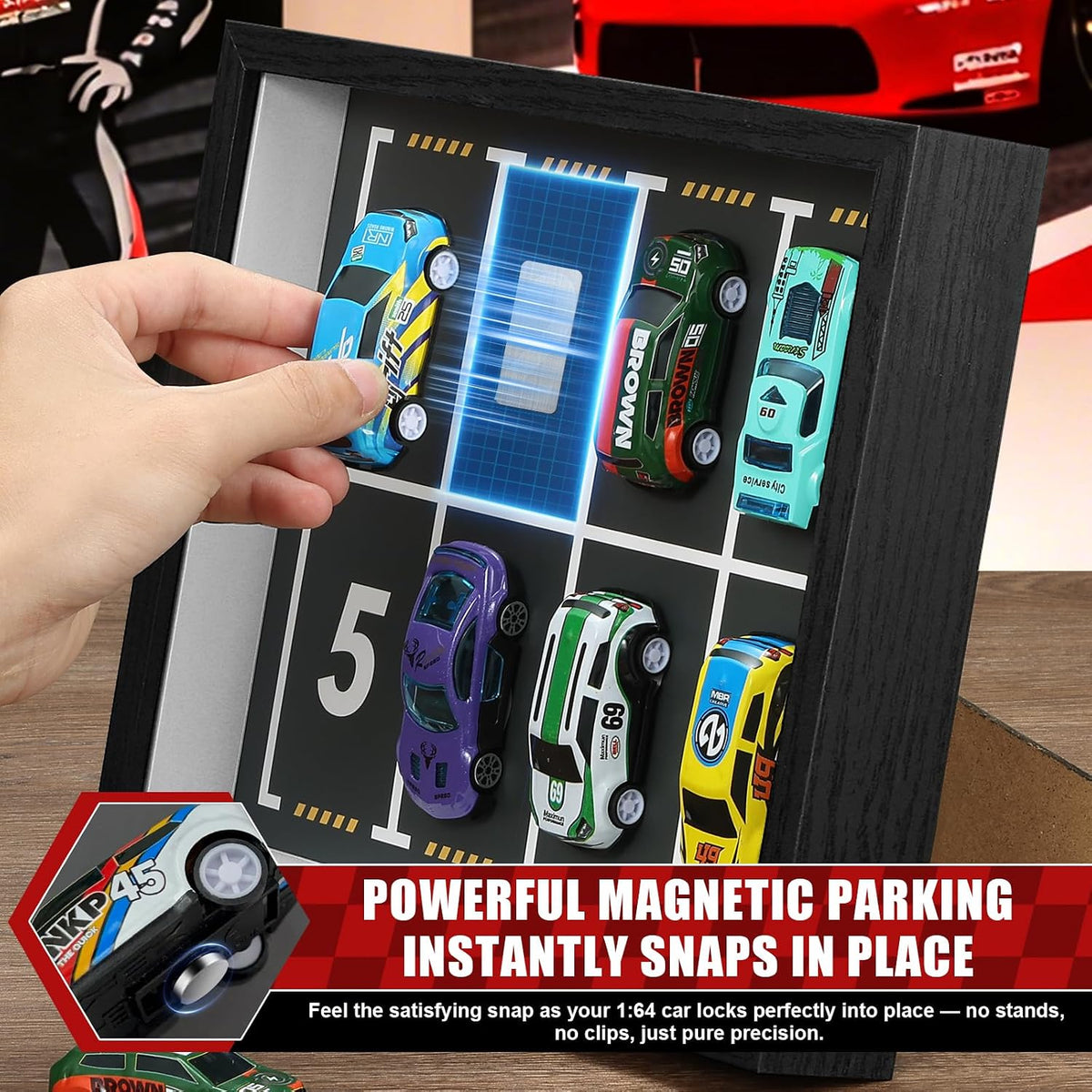 Magnetic 1:64 Diecast Display Frame, Clear Acrylic Model Car Shadow Box with Parking Layout Mat for Matchbox Hot Wheel