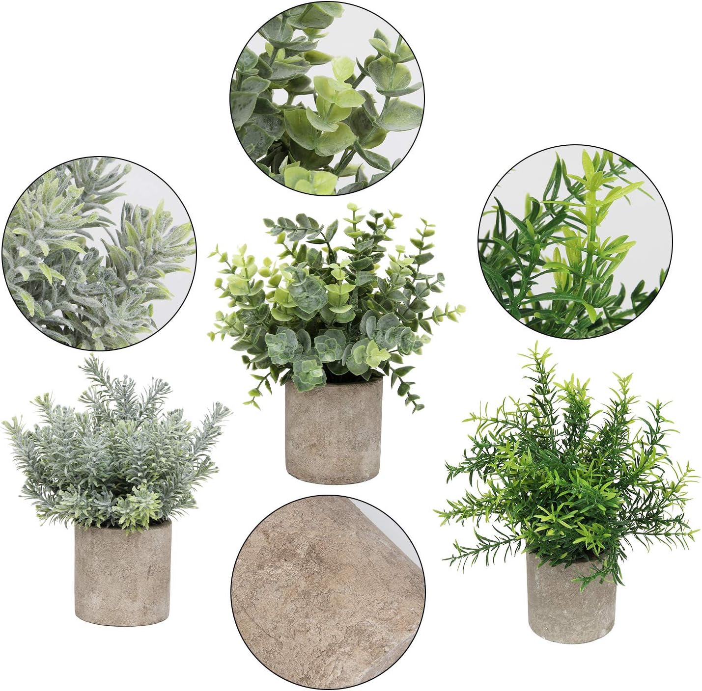 Mini Potted Plants Artificial Eucalyptus Boxwood Rosemary Faux Herbs Small House Plants 8.3"-9" Tall