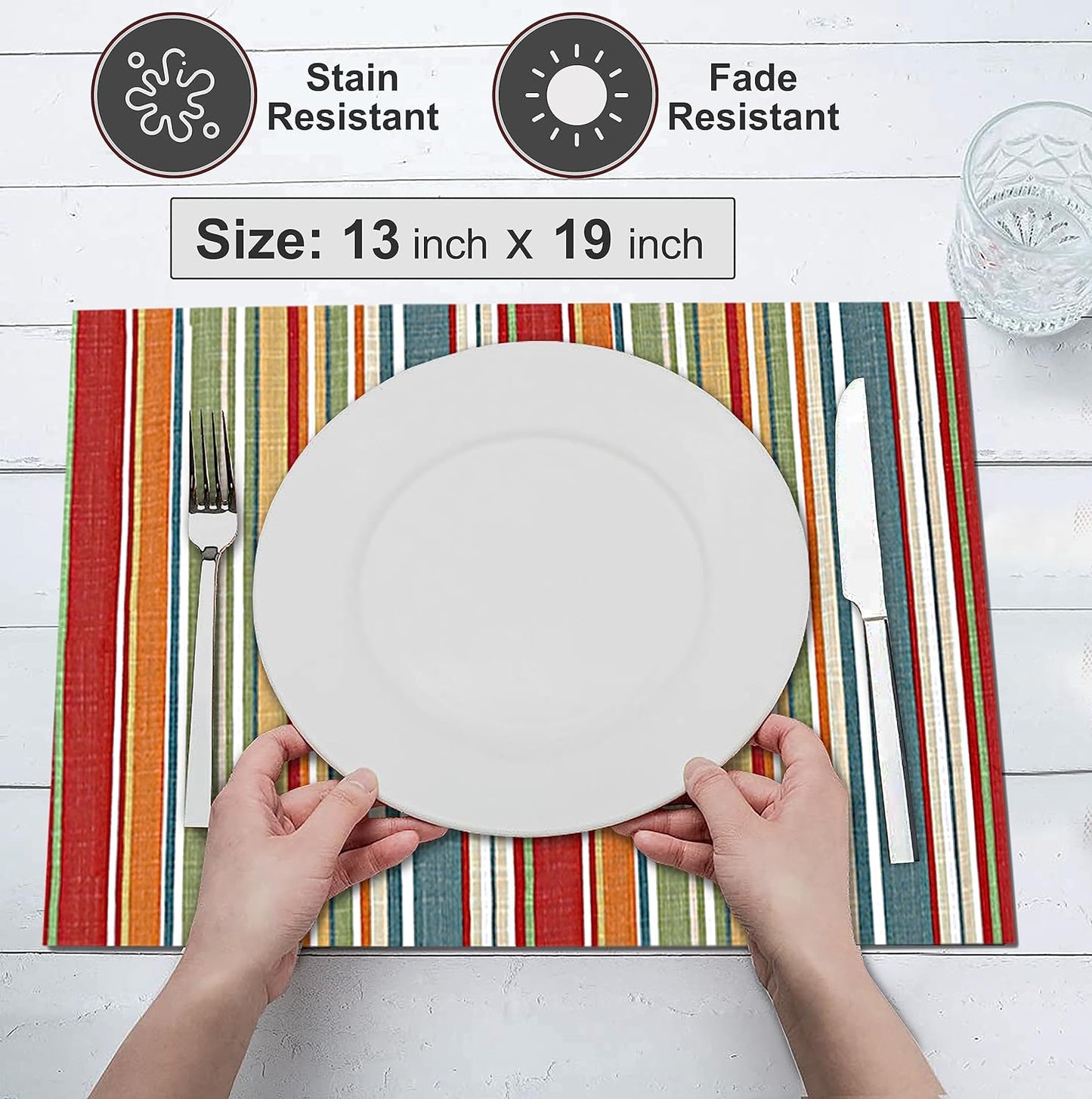 Ruvanti Placemats Set of 6, 100% Cotton Place Mats of 13"x19", Multi Stripe | Heat, Stain resistant, Washable