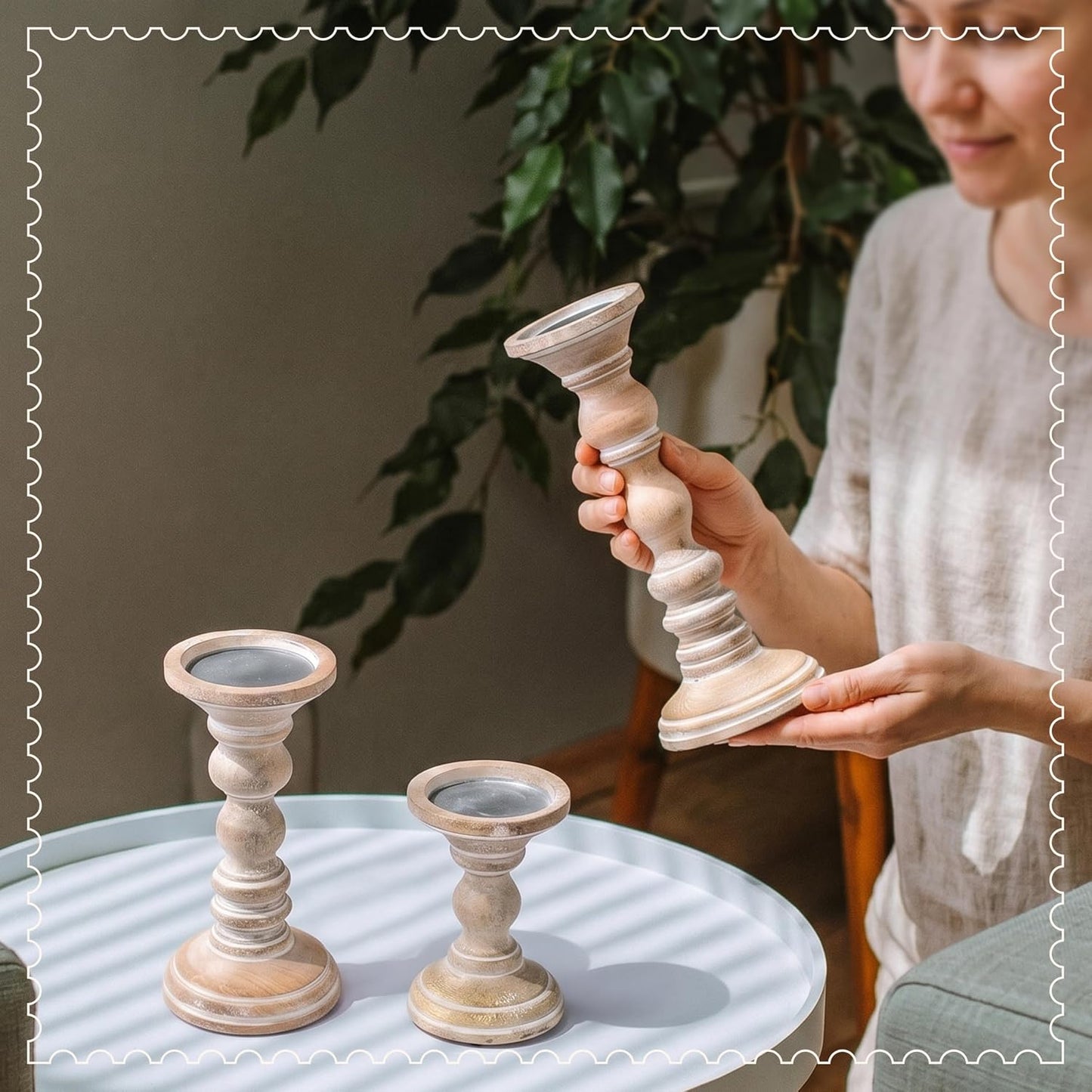 Mango Wood Candle Holders - Whitewash Finish, Set of 3 | Hand-carved decorative pillar stands curated to accent cozy