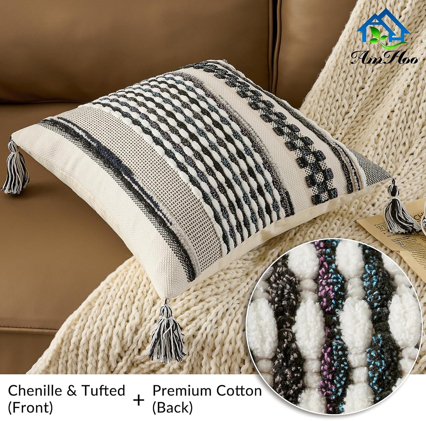 Tassels Woven Decorative Pillow Case / 18 x 18 / Black Multicolor