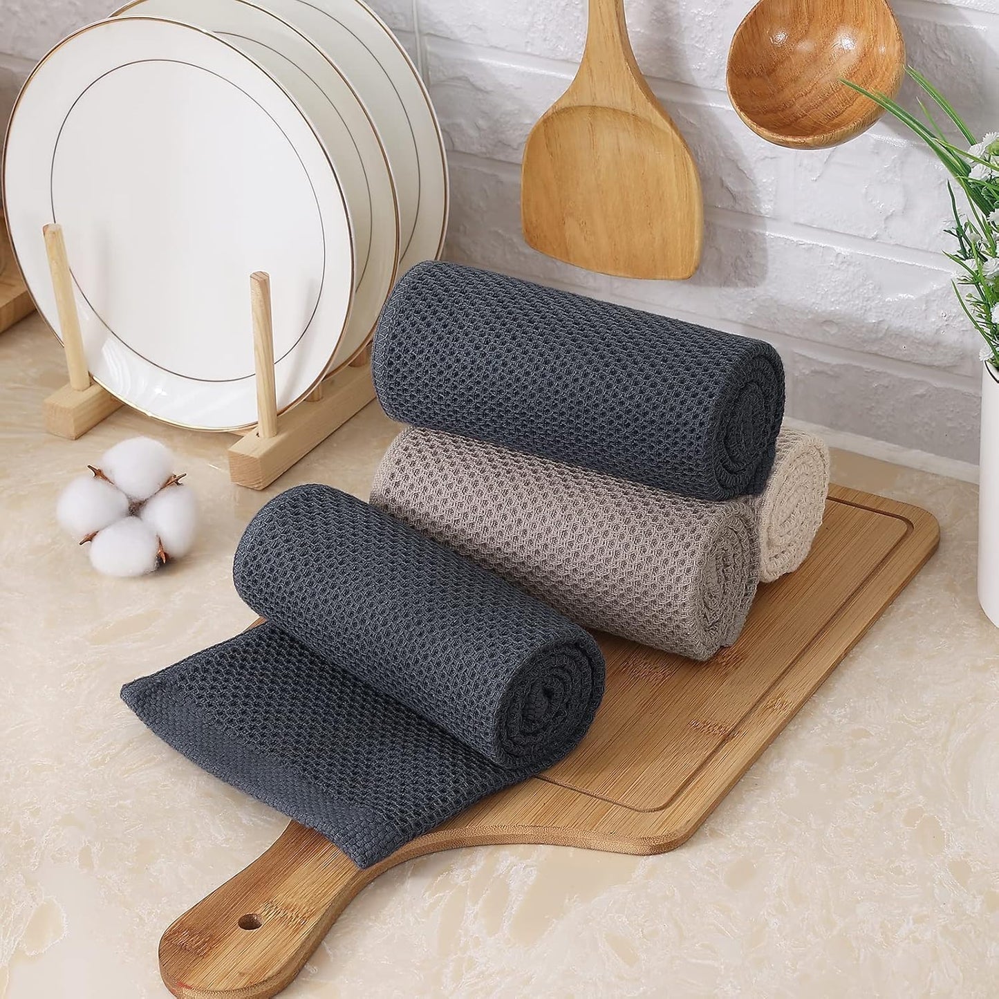 Kitinjoy 100% Cotton Waffle 12-Pack Kitchen Towels, 13" x 28", Mixed Color | Super Soft, Ultra-Absorbent, Fast Drying