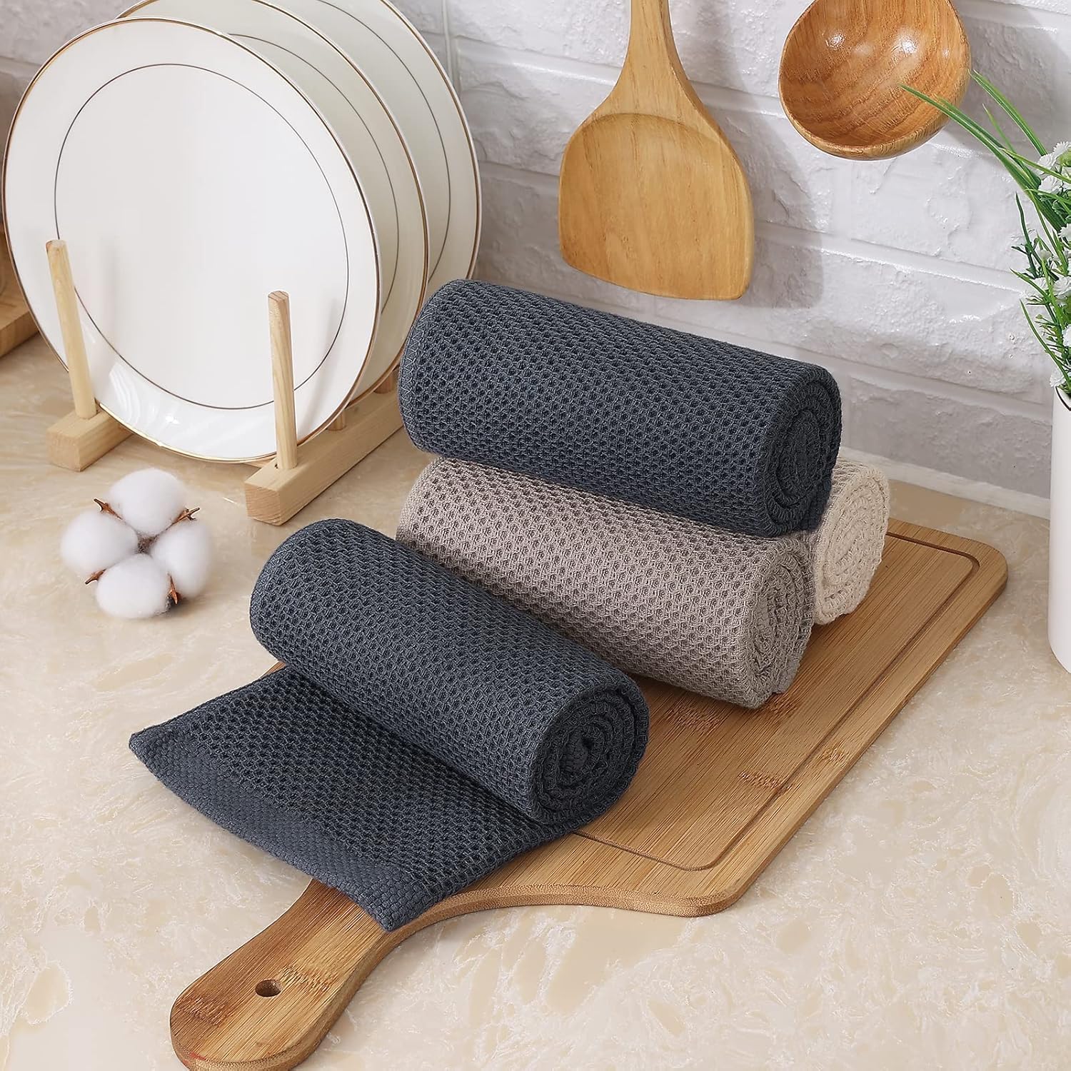 Kitinjoy 100% Cotton Waffle 12-Pack Kitchen Towels, 13" x 28", Mixed Color | Super Soft, Ultra-Absorbent, Fast Drying