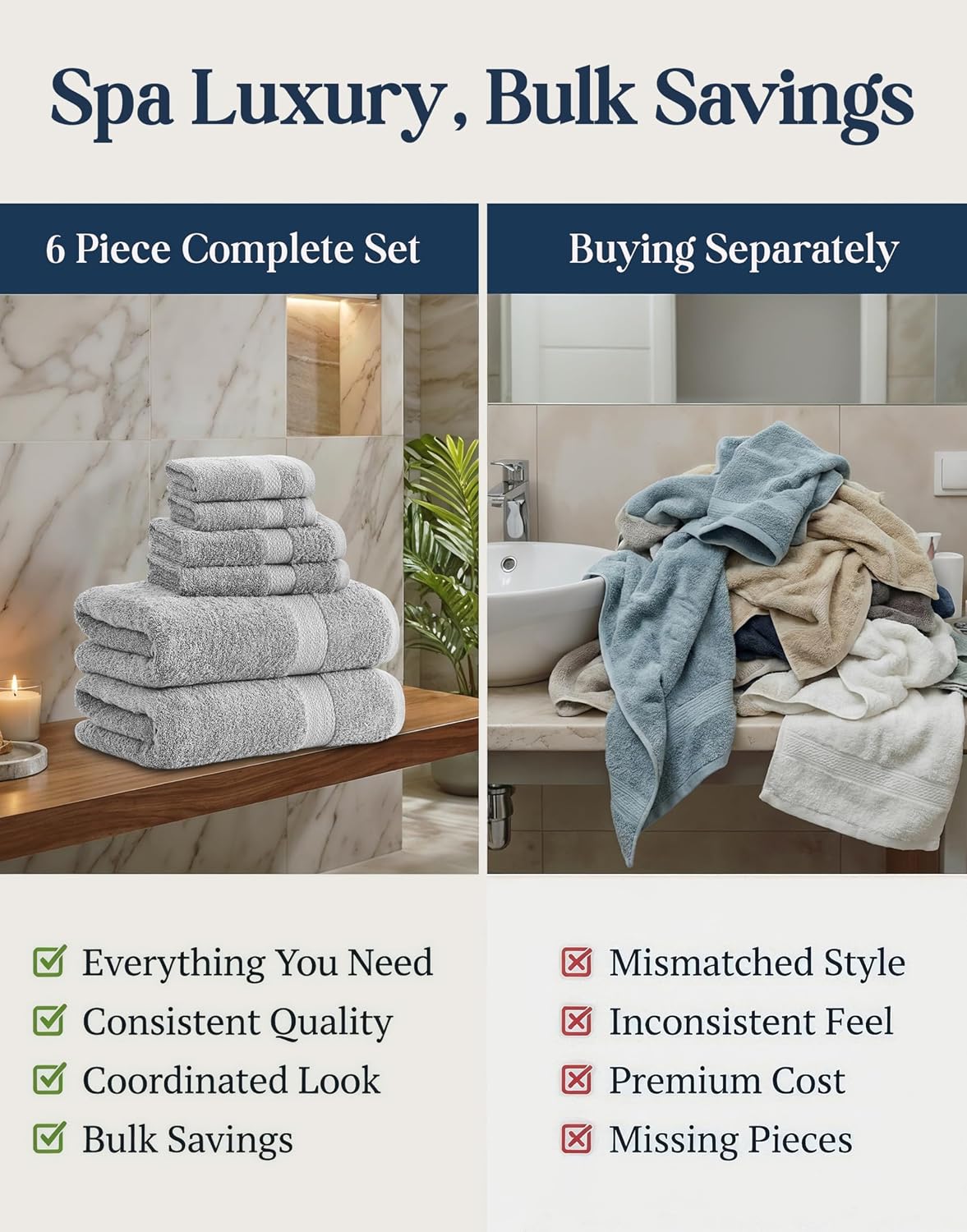 LANE LINEN Towel Set for Bathroom 6 Piece Soft Absorbent Quick Dry - Grey | Towels And Washcloths Sets - Oversized &