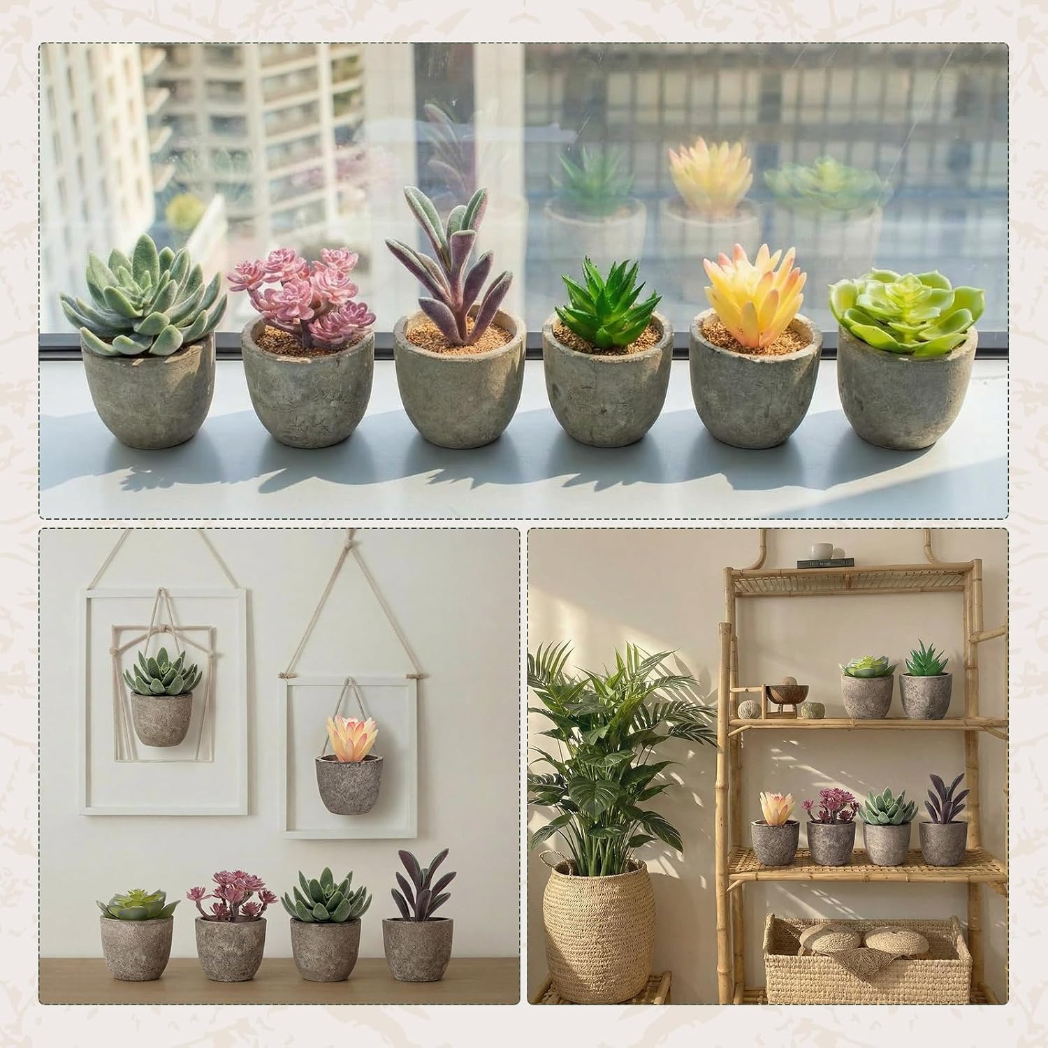 Realistic Mini Fake Cactus Plants in Paper Pulp Pots / Classic Style / Set of 6