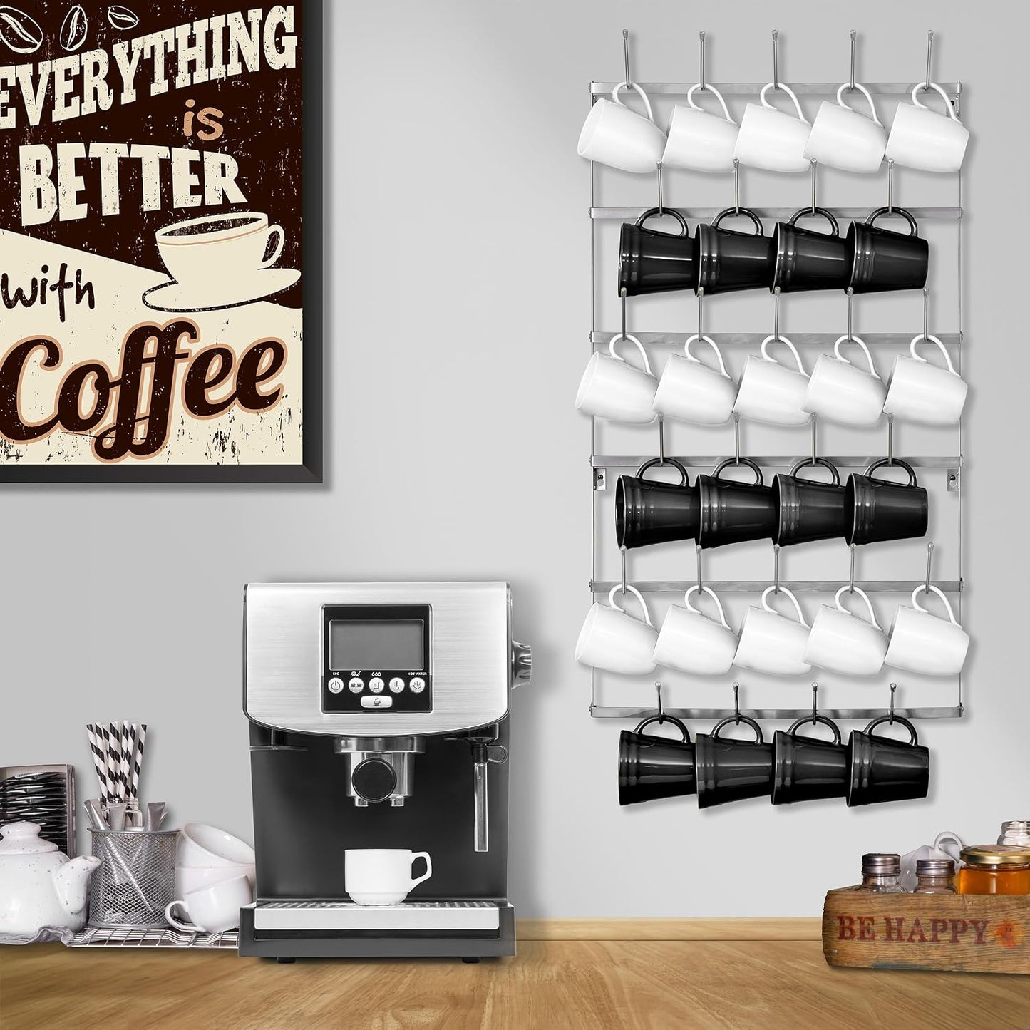 Sorbus Wall Mug Rack, Coffee Mug Display for Coffee Station (Large, Silver) | Rustic six-tier metal holder with hooks