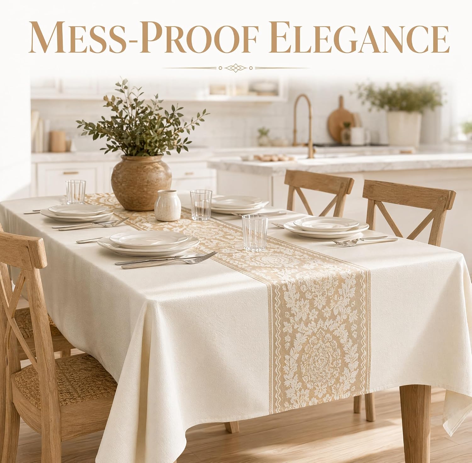 Rectangle Linen Tablecloth Retro Floral Spillproof Cloth 55x102 Inch | Stain Resistant Woven Vintage Floral Runner