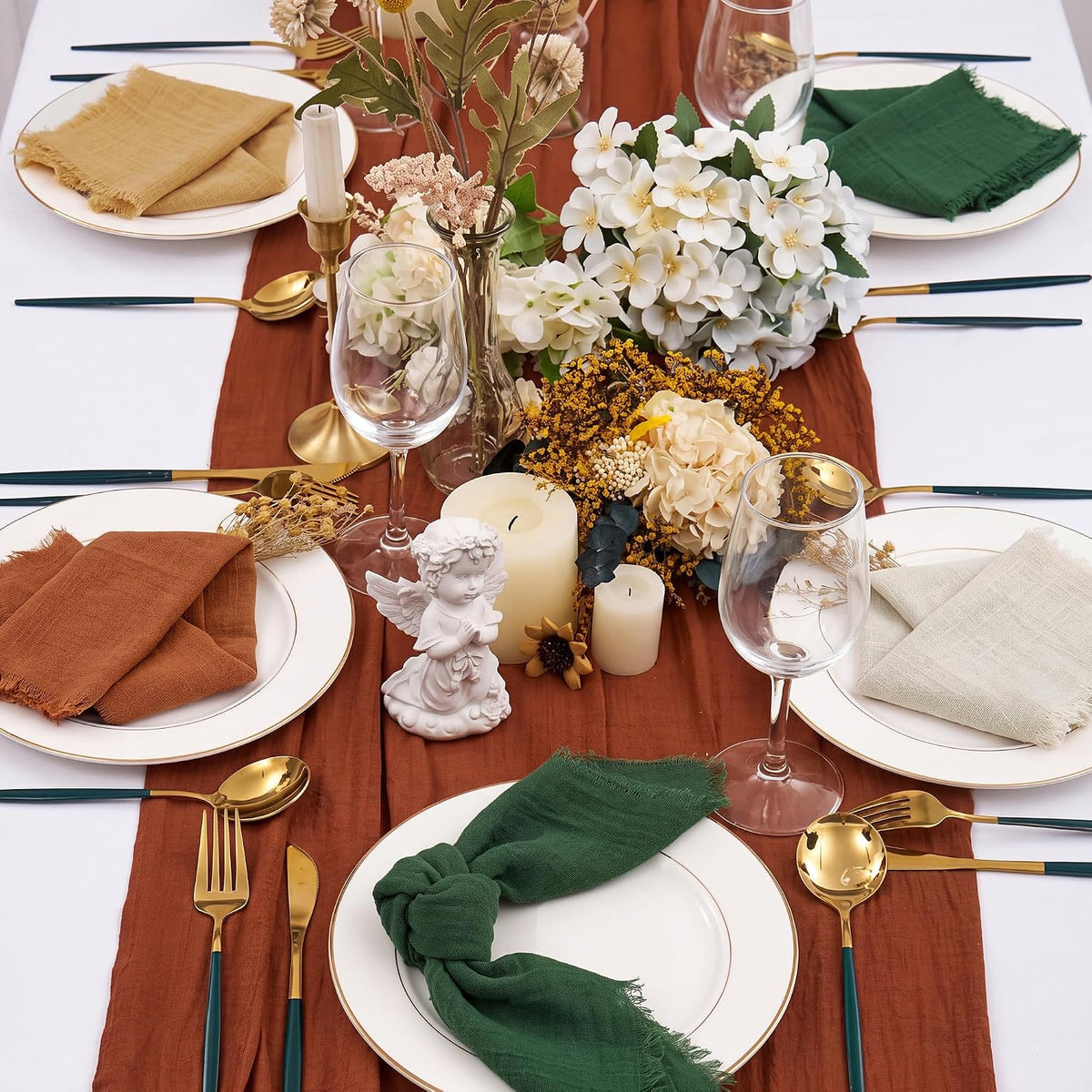 TURSTIN 24 Pieces Thanksgiving Cotton Linen Cloth Napkin Handmade Cloth | Fall Napkin with Fringe 17 x 17 Inch Soft
