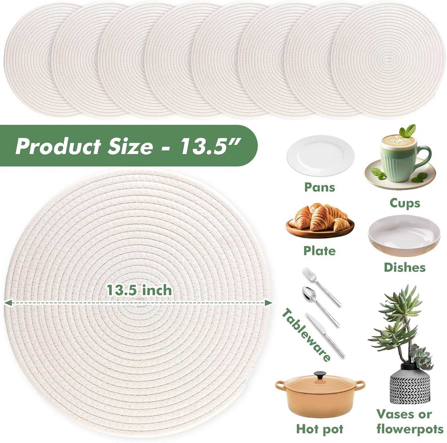 Round Woven Placemats Set of 8 Heat Resistant Placemats 13.5 Inches Farmhouse Cotton Rope Place Mats for Dining Tables