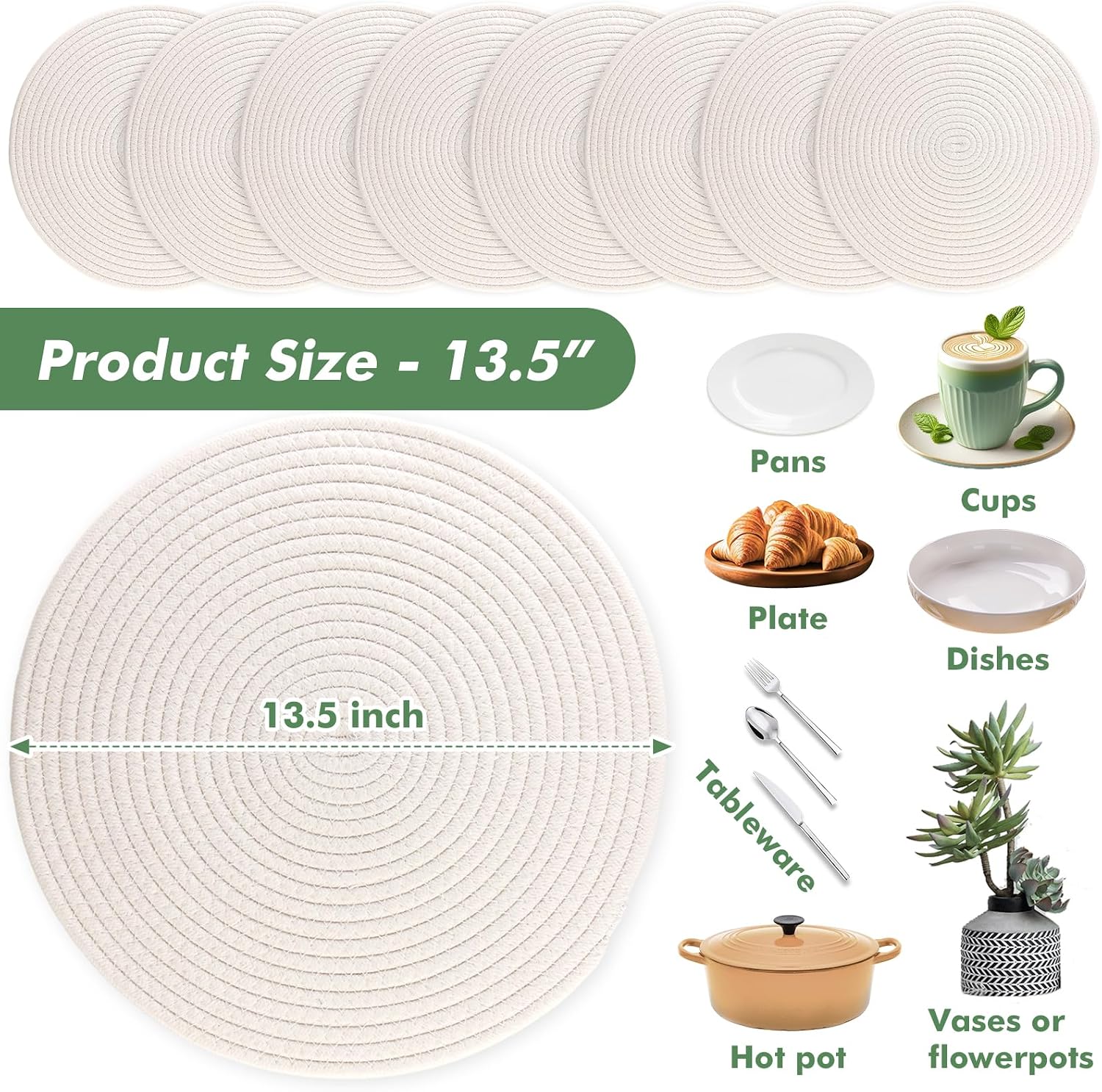 Round Woven Placemats Set of 8 Heat Resistant Placemats 13.5 Inches Farmhouse Cotton Rope Place Mats for Dining Tables