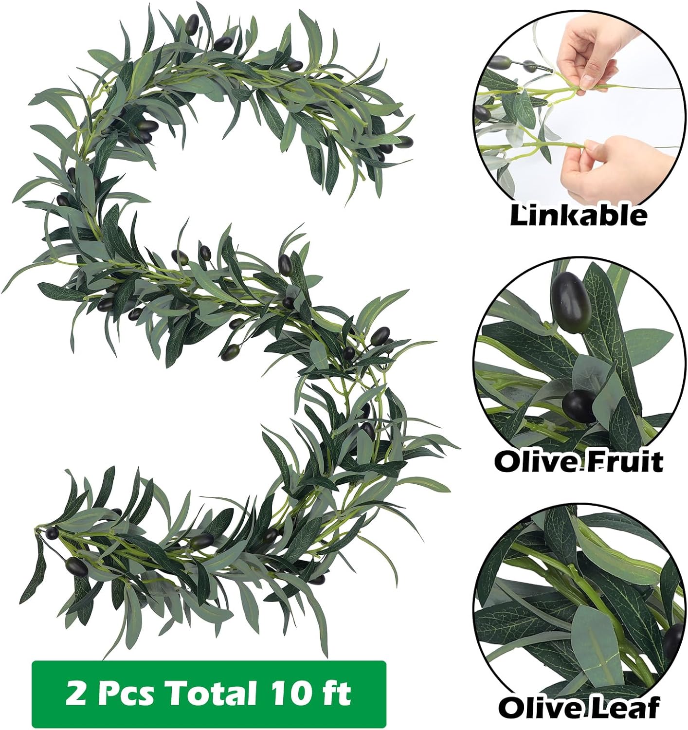 Total Artificial Olive Leaf Vine Artificial Garland Hanging Vine / 10 Ft / Green / Set of 2