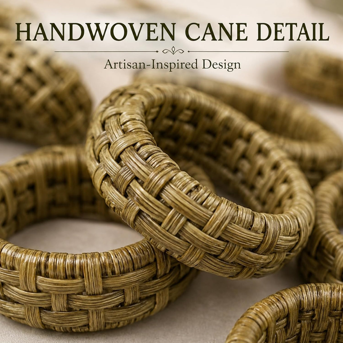 Cane Woven Napkin Rings, Set of 12 - Army Green | Natural cane with plastic core, 2.25x2.25x0.5 in. each, boho