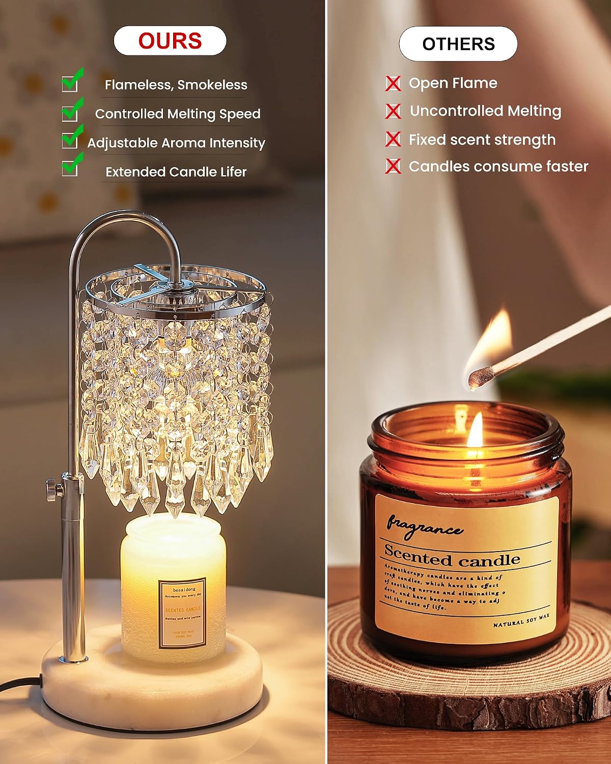 Candle Warmer Lamp with Timer Dimmer and 3 Bulbs, Candle Lamp Warmer with Marble Base for Adjustable Height, Crystal