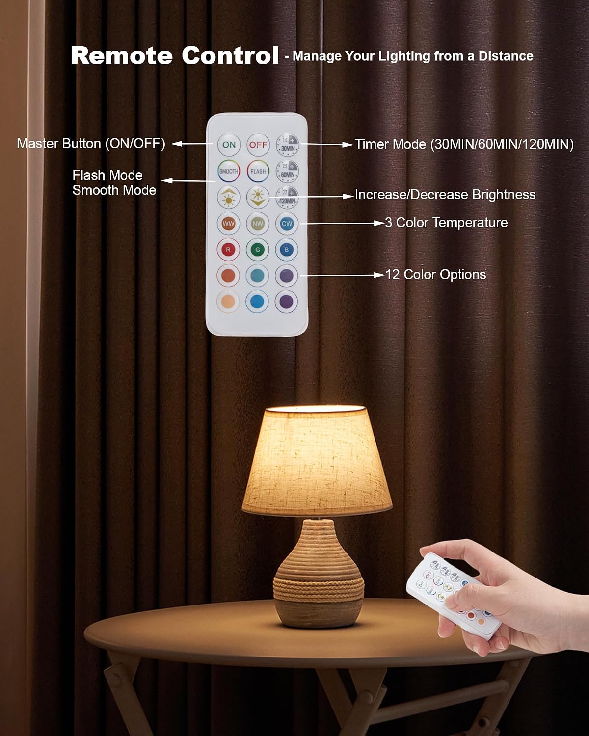UMEXUS 10" Small Ceramic Cordless Table Lamp, Rechargeable Battery, Coastal | Timer, Dimmer, Linen Shade, Remote