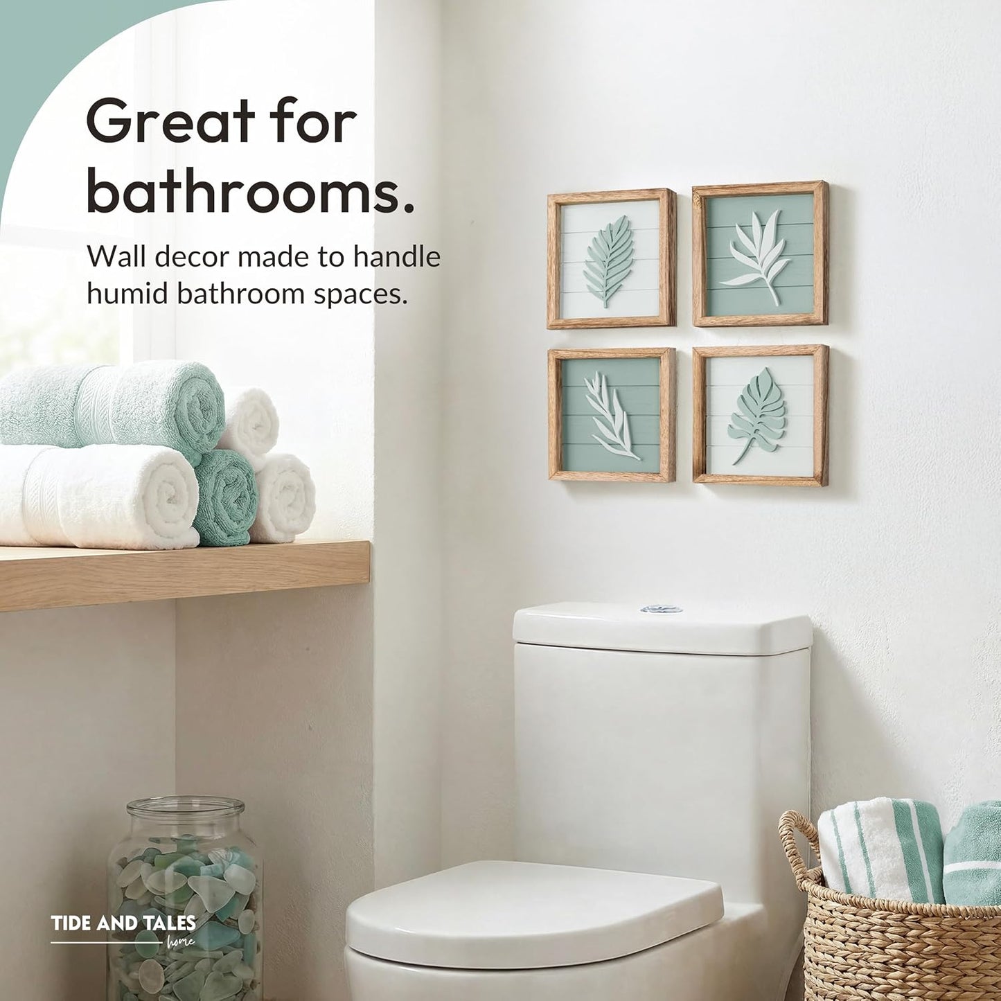 Textured Boho Botanical Bathroom Art Wall / Sage Green / Framed / 7 x 7 / Set of 4