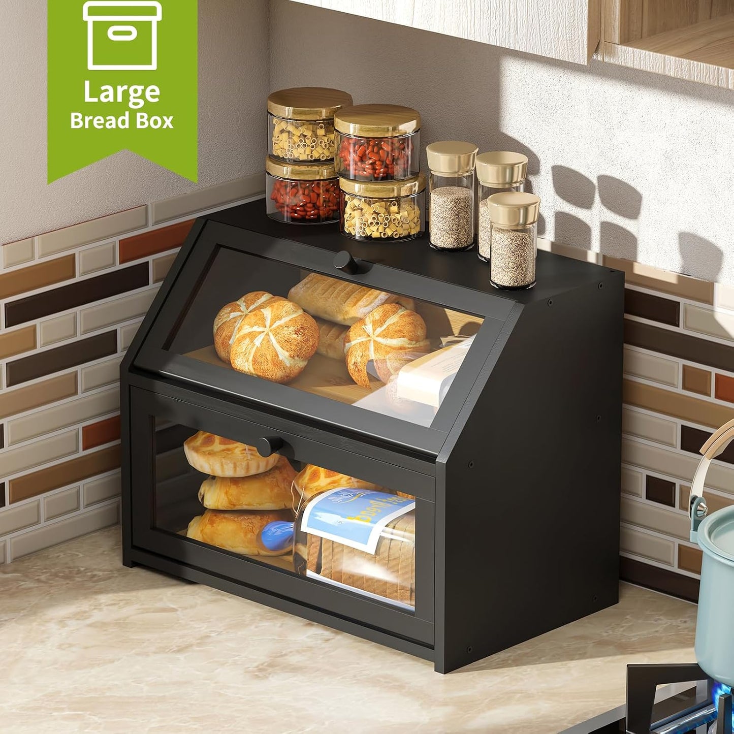 BMOSU Farmhouse Bread Box for Kitchen Countertop Bread box Double Layer Bamboo Wooden Extra Large Capacity Bin Kitchen
