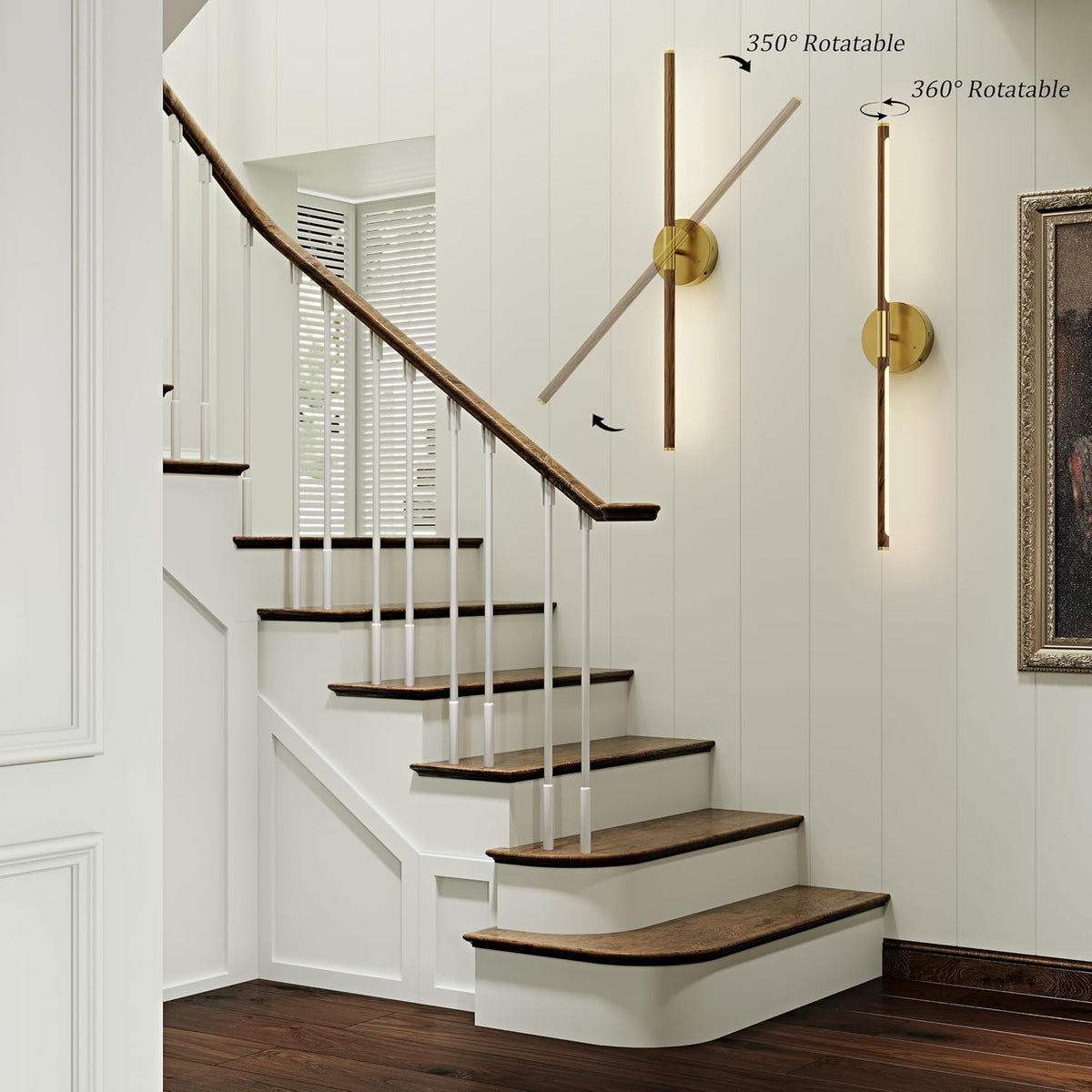 32" Battery Operated Wall Sconce Set of 2, 350° Rotating Lamp, Walnut Gold | Wireless, 8000mAh Rechargeable Battery