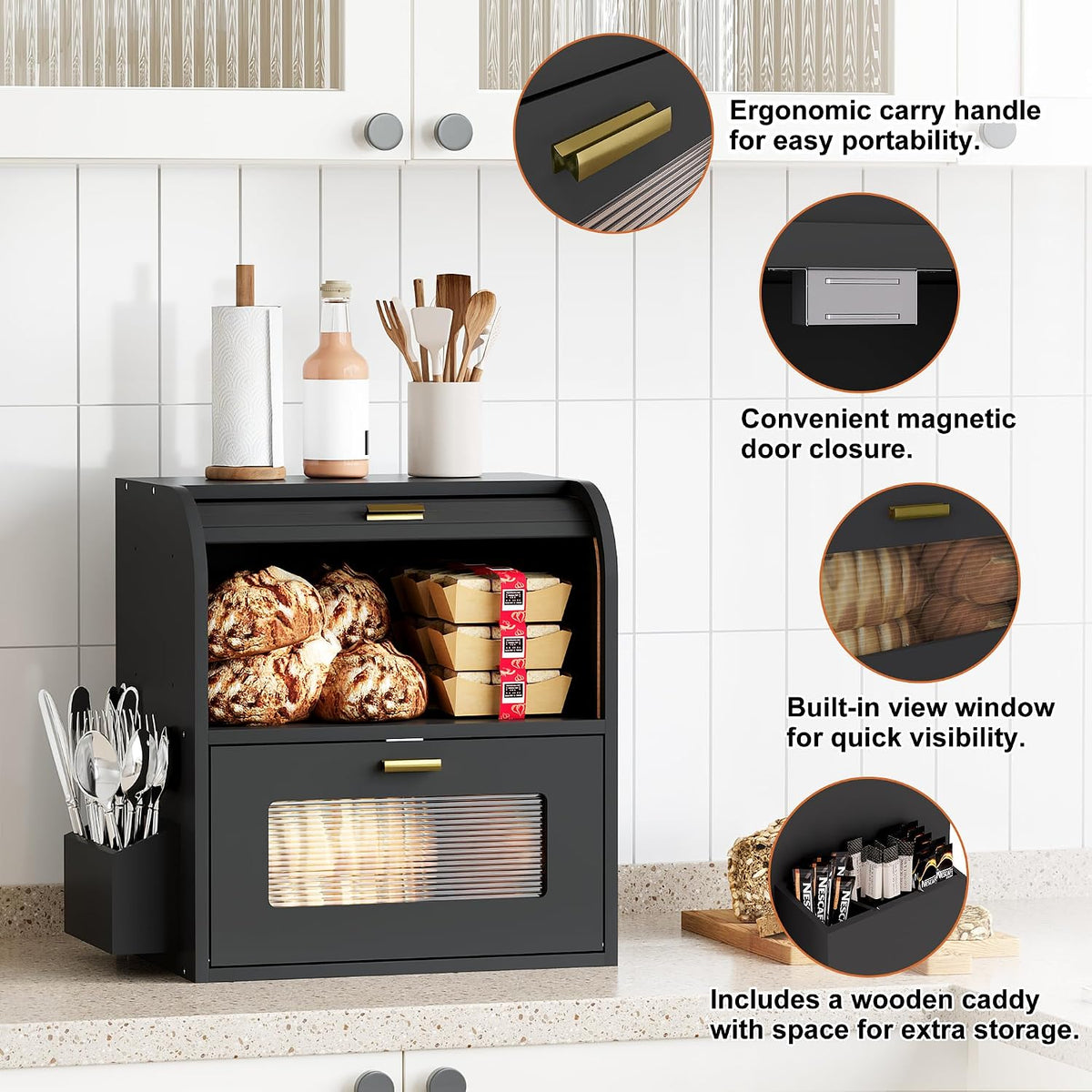 TQVAI Roll Top Bread Box for Kitchen Countertop, Keep Fresh Longer, Easy to Maintenance, Double Layer Vintage Wooden
