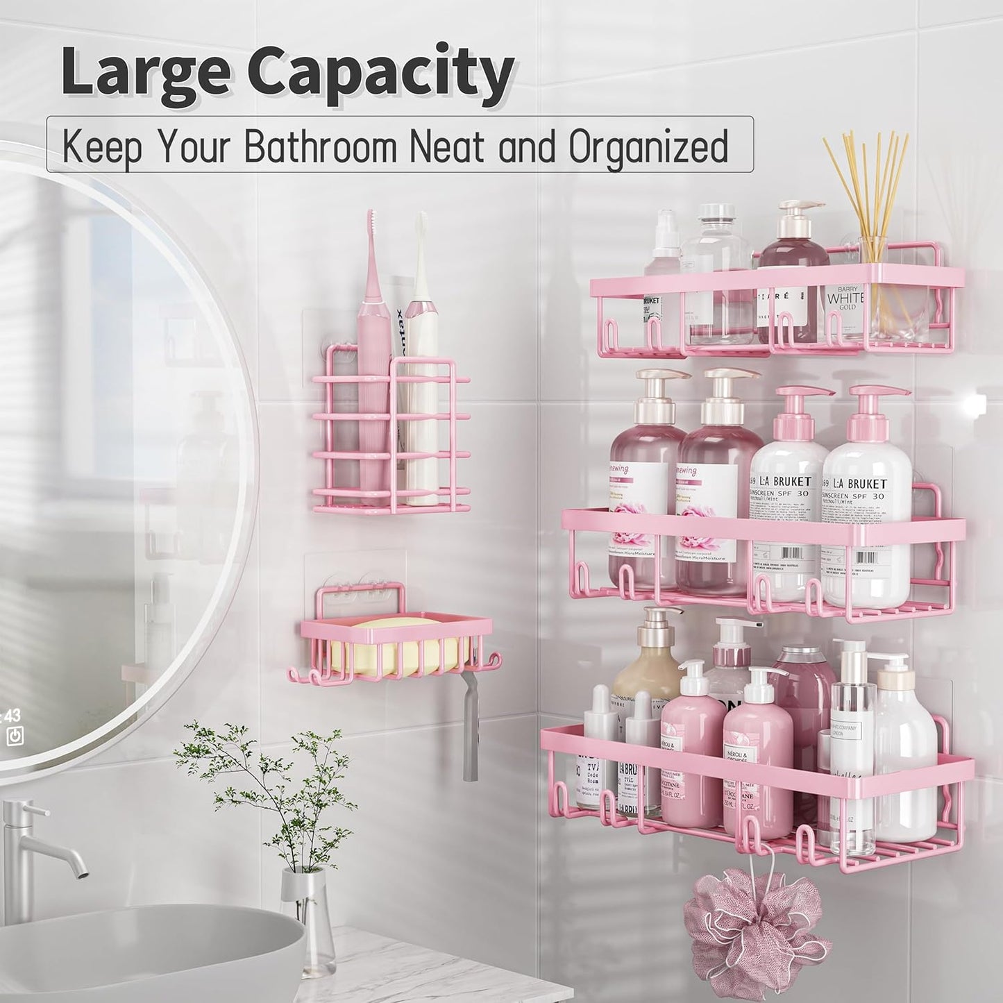 Adhesive Bathroom Wall Storage Basket Rustproof / Pink / Set of 5