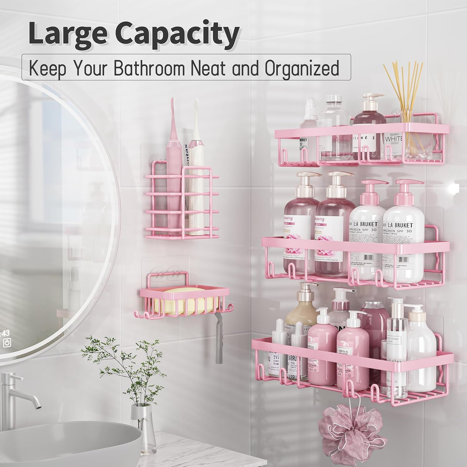 Adhesive Bathroom Wall Storage Basket Rustproof / Pink / Set of 5