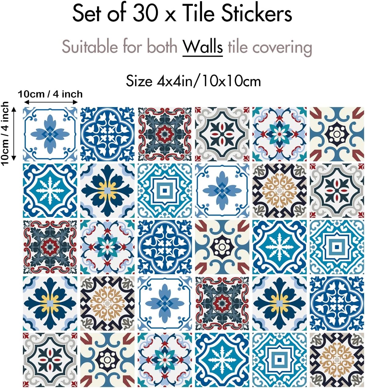 Eclectic Mediterranean Tile Stickers / 4 x 4 / Set of 30
