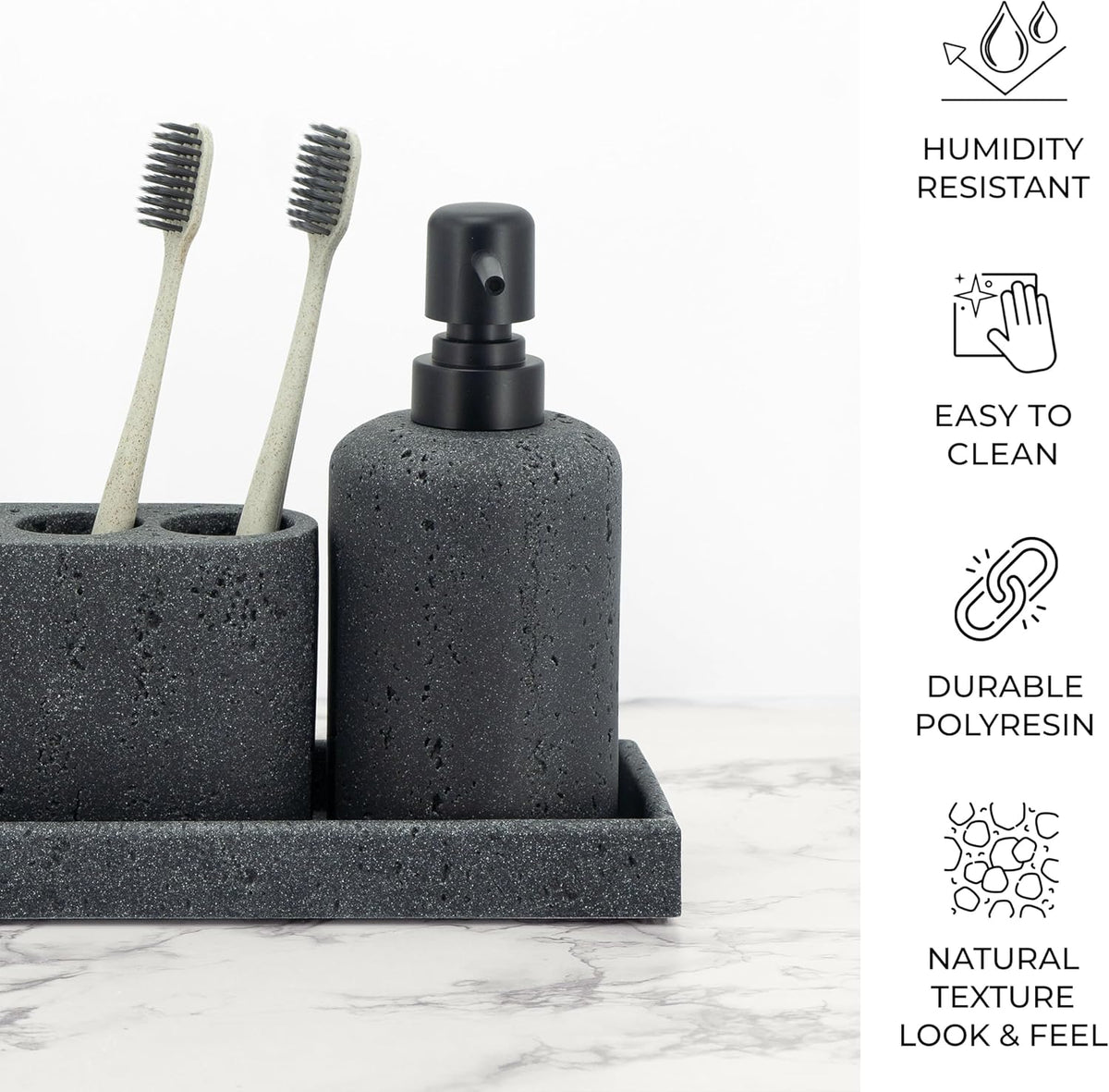 Black Bathroom Accessories Set 4 Pcs - Toothbrush Holder, Soap Dispenser, Vanity Tray, Bathroom Tumbler - Countertop