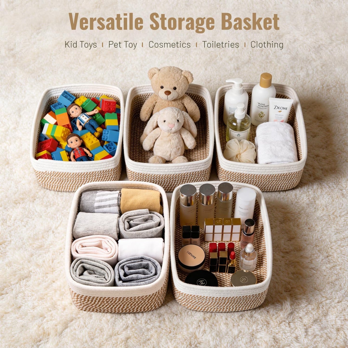 Small Woven Storage Baskets / Khaki & White / Set of 5