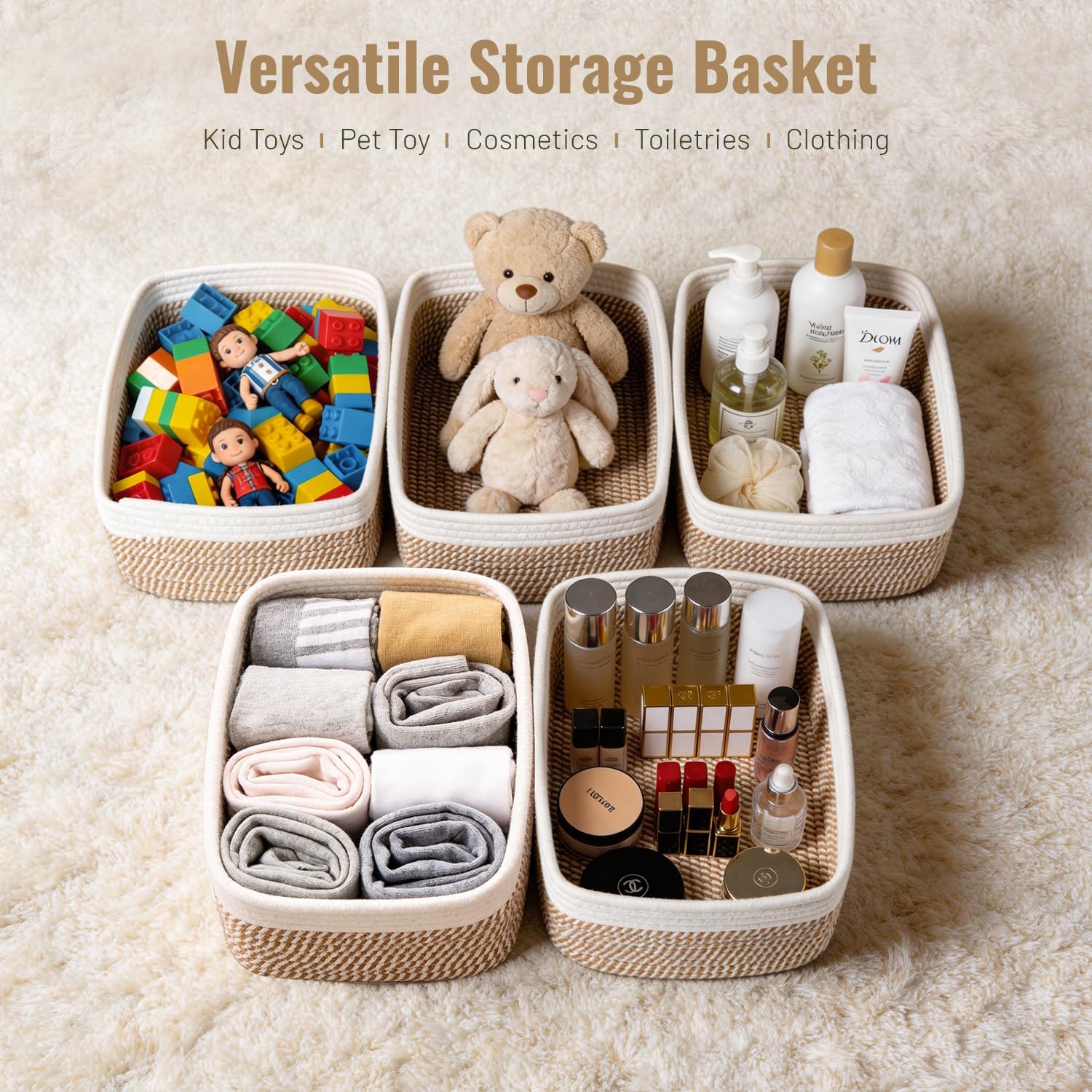 Small Woven Storage Baskets / Khaki & White / Set of 5