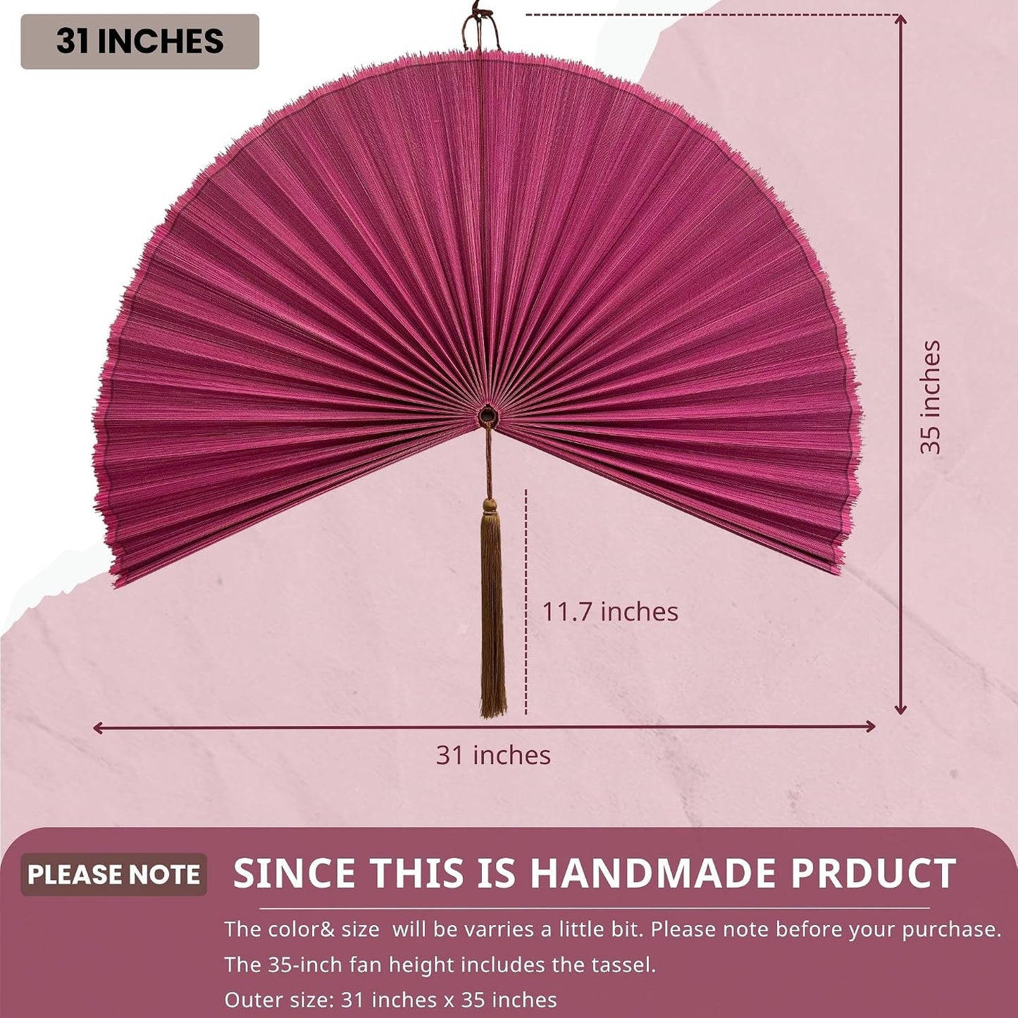 Large Bamboo Fan Wall Art for Boho Hanging Headboard / Rasberry / 31"L x 31"W