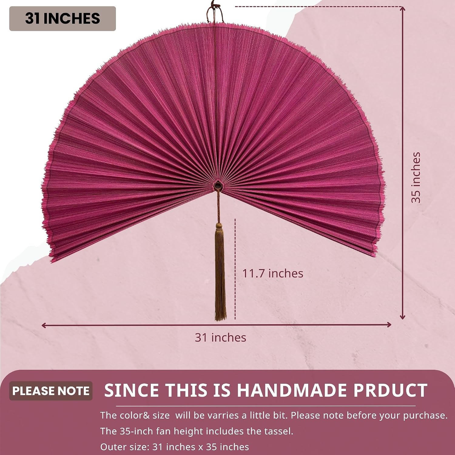 Large Bamboo Fan Wall Art for Boho Hanging Headboard / Rasberry / 31"L x 31"W