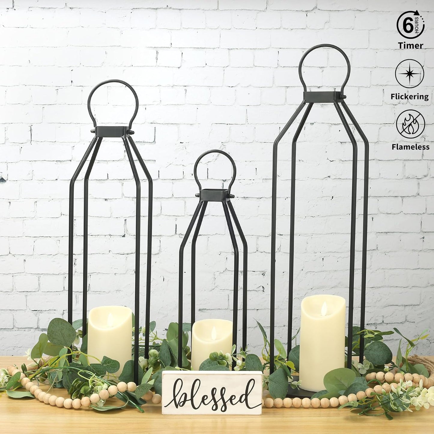 Perfnique Modern Farmhouse Lanterns, Set of 3 Black Metal Lanterns w/ 6hr Timer Flickering Flameless Candles