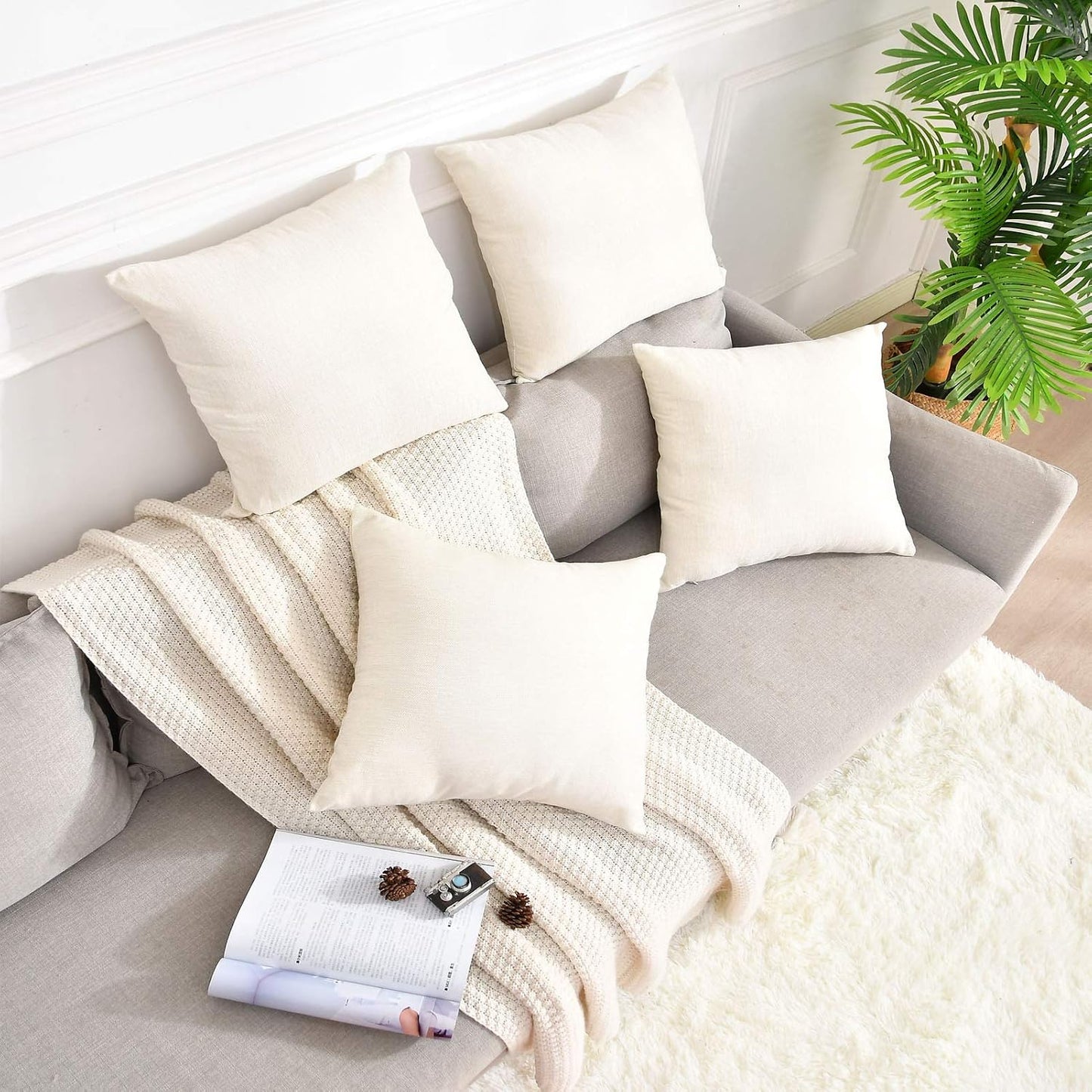 Pack 8 Linen Throw Pillow Covers Set Cushion Case / Beige / 18 x 18 / Set of 8