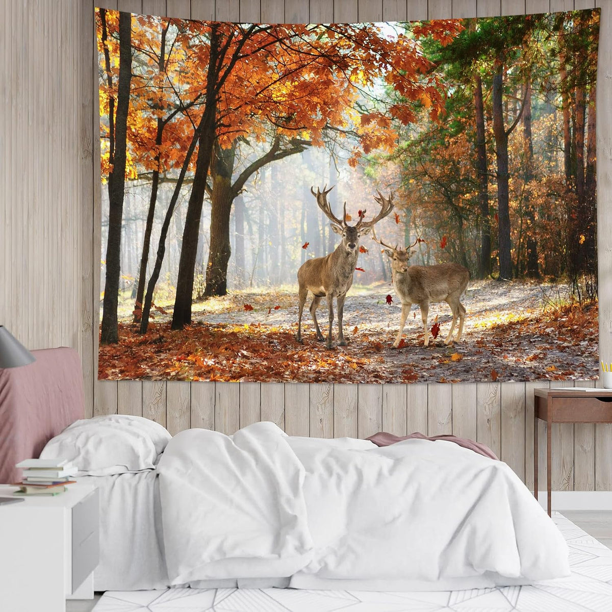 HVEST Fall Tapestry Deer in Orange Maple Tree Forest Wall Art for Bedroom Autumn Nature Landscape Wall Hanging Blanket Holiday Tapestry for Living Room Dorm Wall Decor, 59W x 51L inches