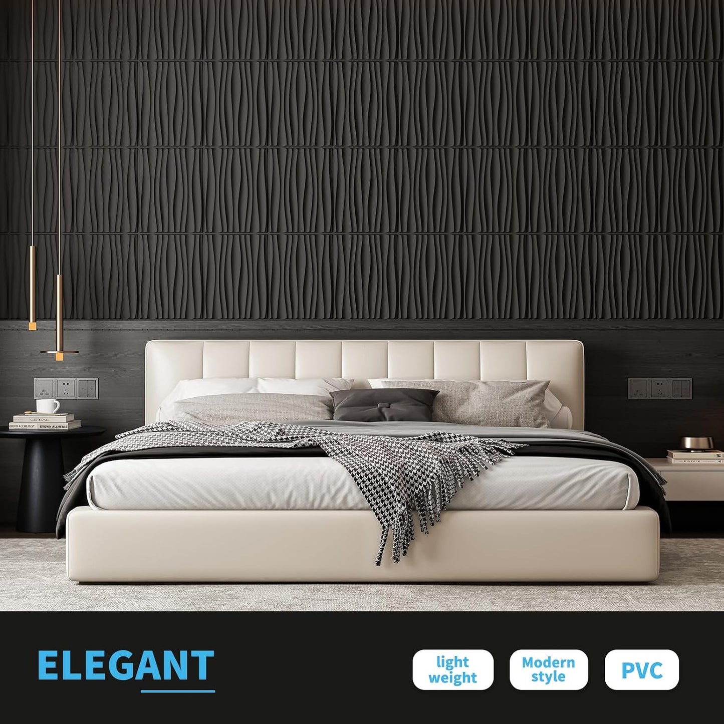 Art3d PVC Wavy Textured 3D Wall Panels, 15.7 x 11.8 Inch, 24-Pack, Black | PVC, Waterproof, Featherlight, Scratch