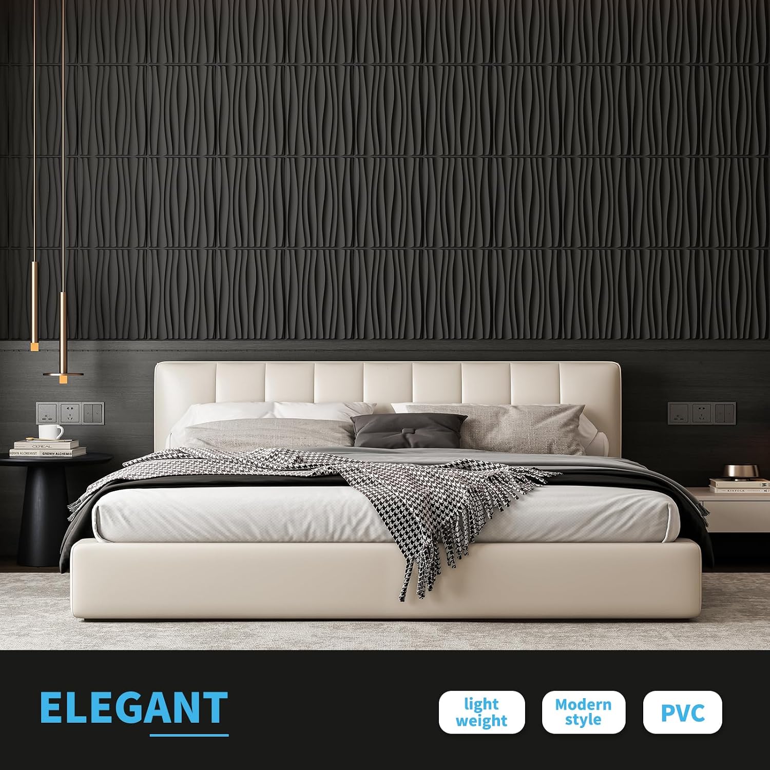 Art3d PVC Wavy Textured 3D Wall Panels, 15.7 x 11.8 Inch, 24-Pack, Black | PVC, Waterproof, Featherlight, Scratch