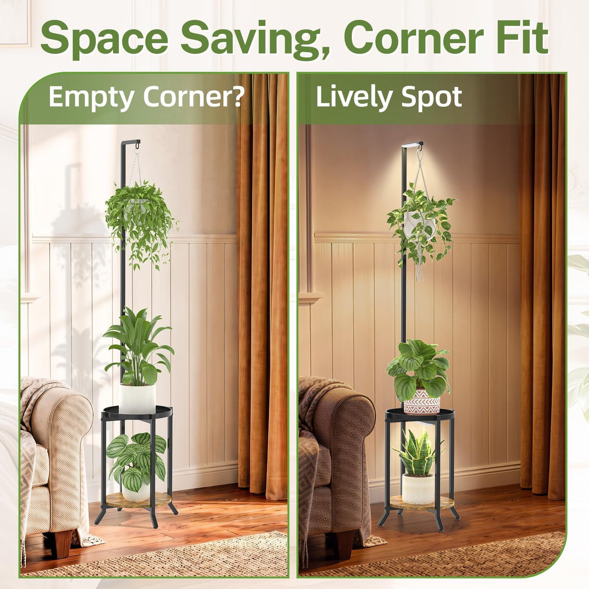 iDavosic.ly Hanging Plant Stand with Grow Light Indoor, 2 Tier, Black Brown | Tall Vertical Corner Metal Flower Shelf
