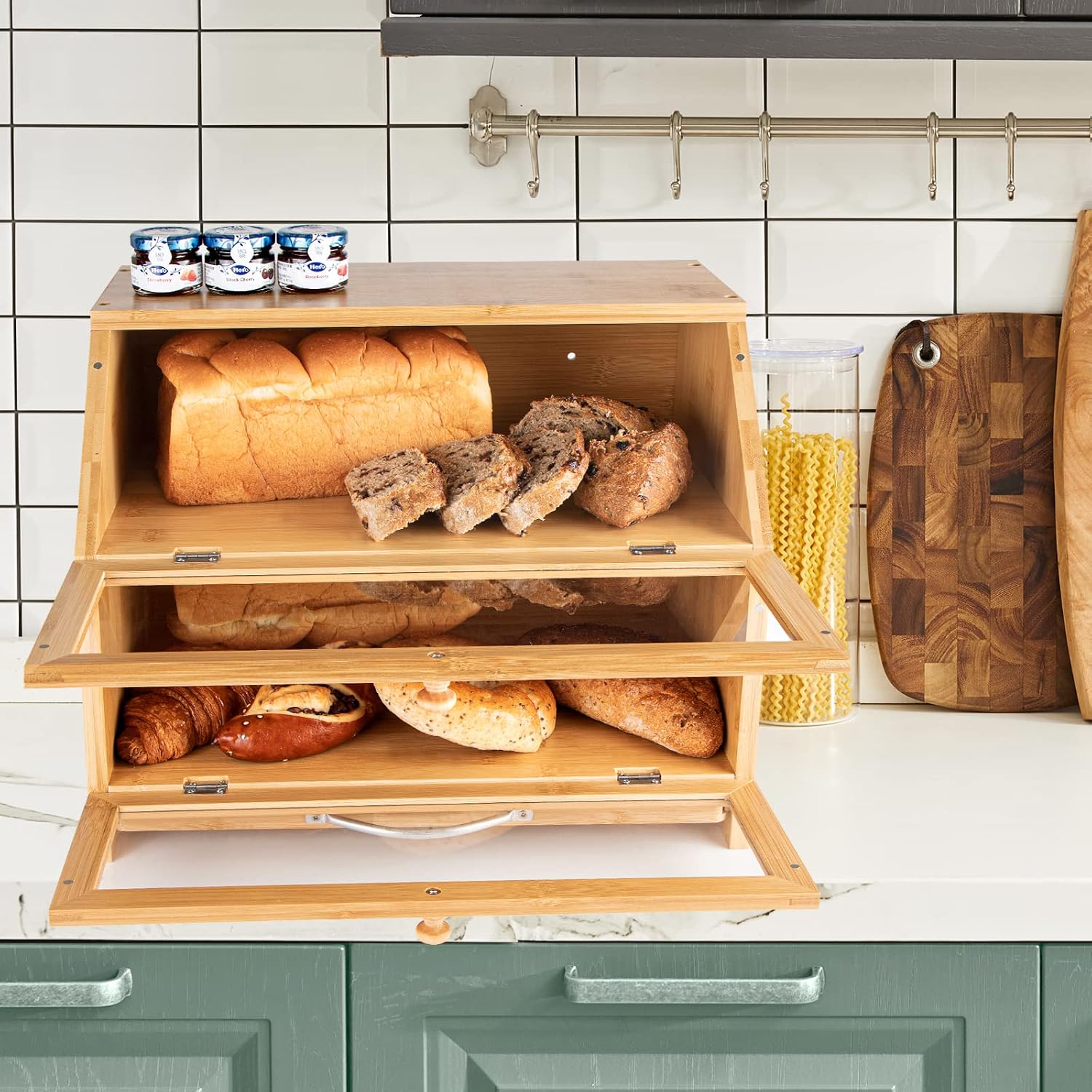 MAISONPEX Double Layer Bamboo Bread Box for Kitchen Countertop, Cutting Board, and Stainless Steel Bread Knife, Large