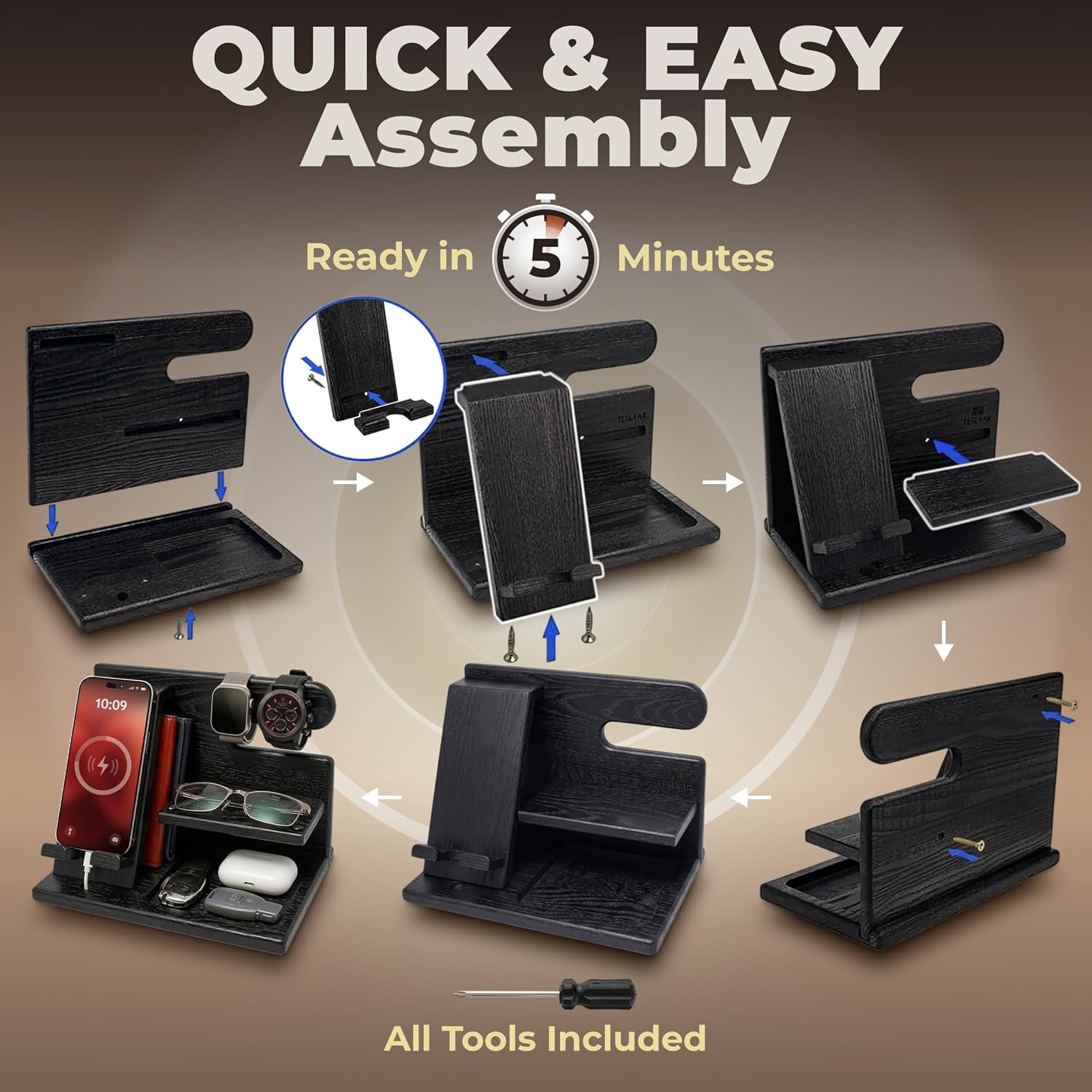 TESLYAR Wood Phone Docking Station for Men - Desktop or Nightstand Organizer - Birthday Gifts for Men, Dad
