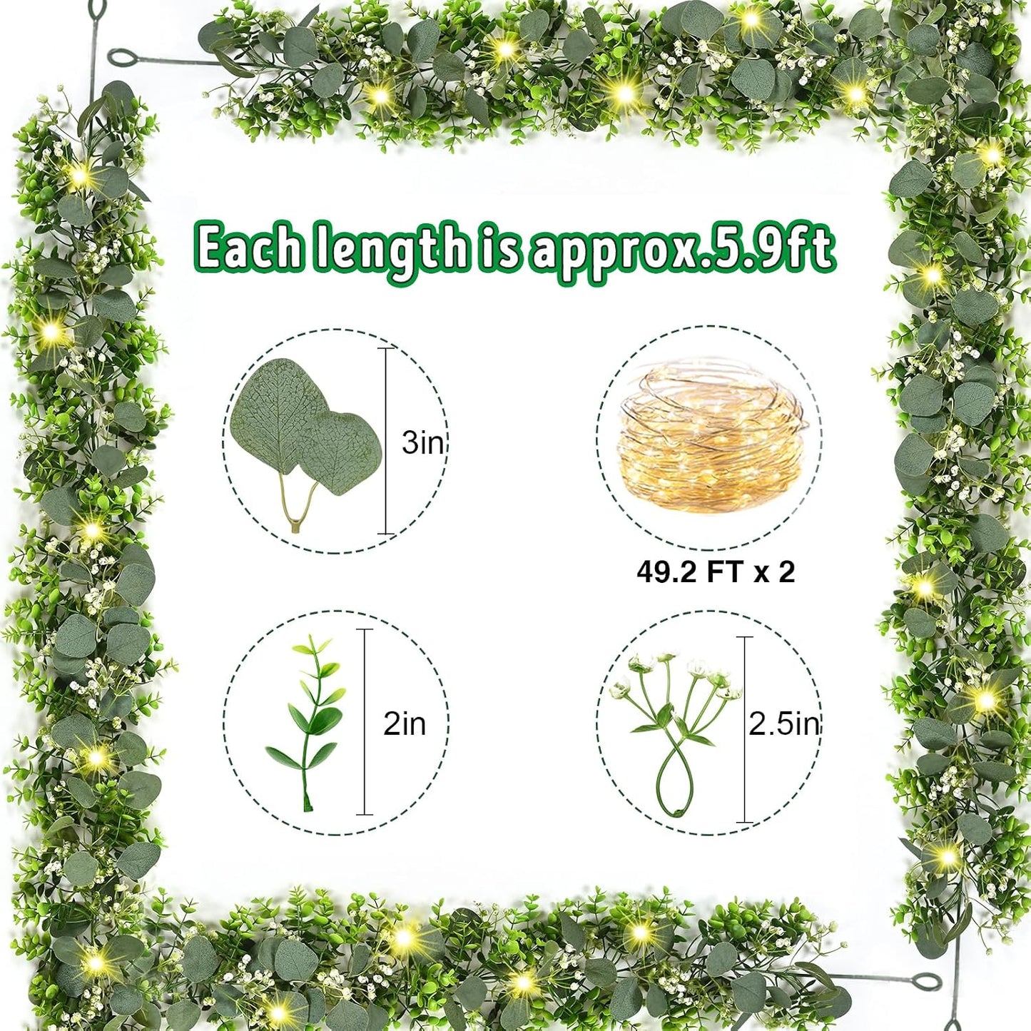Garland / Flowers / Eucalyptus Garland with Lights / Green / 5.9 Inch / Set of 8