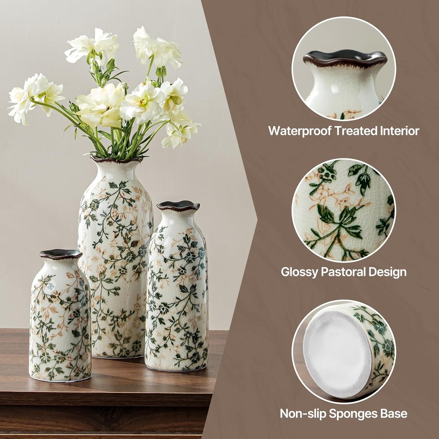 Green Rustic Farmhouse Vase Set / 05-green and Beige / Set of 3
