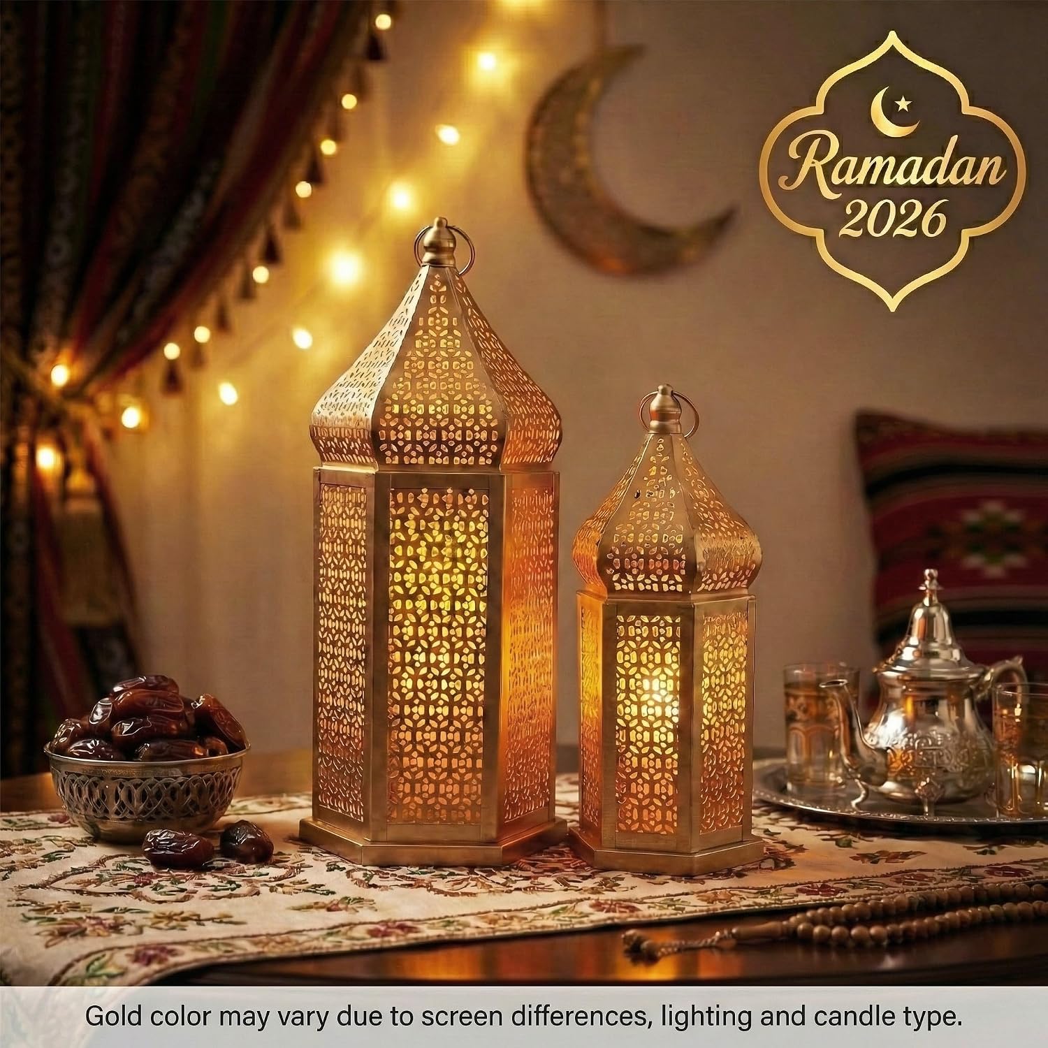 Vela Lanterns Decorative Indoor Gold Moroccan Temple Lanterns, Set of 2 | Ramadan Decorations for Home, Eid Islamic