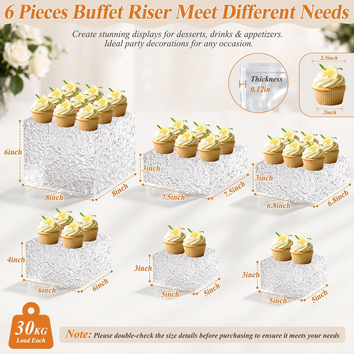 Acrylic Buffet Risers with Mini Sign and Maker, Clear Hammered Water Ripple Dessert Display Stands for Catering Cakes