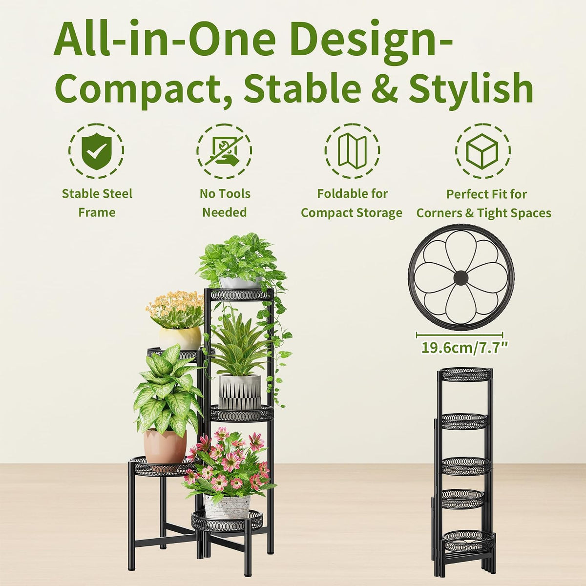 Plant Stand Indoor Outdoor, 5 Tier Corner Metal Flower Display Holder Stand, Folding Tall Plant Rack for Patio Balcony